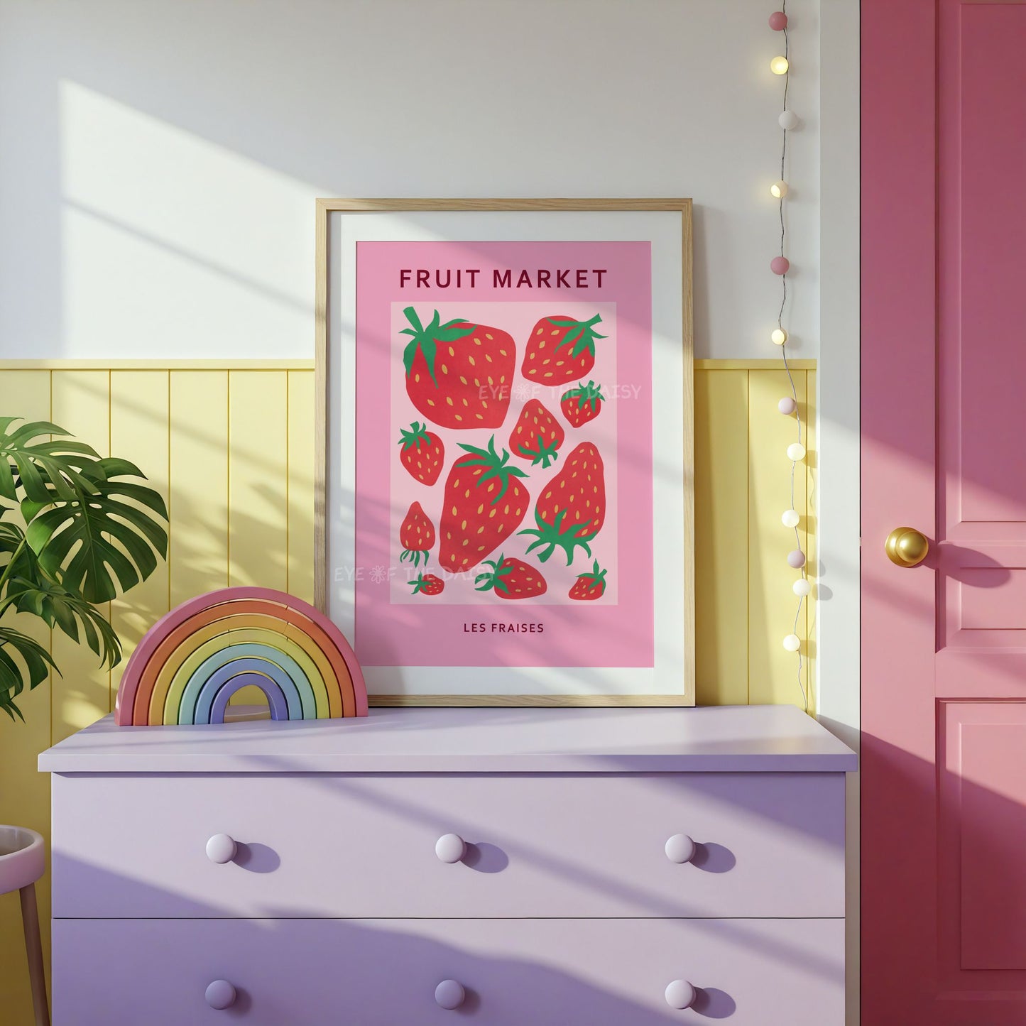 Strawberry "Fruit Market" wall art print with abstract stylised strawberry design in bright red on a pink in a children's room