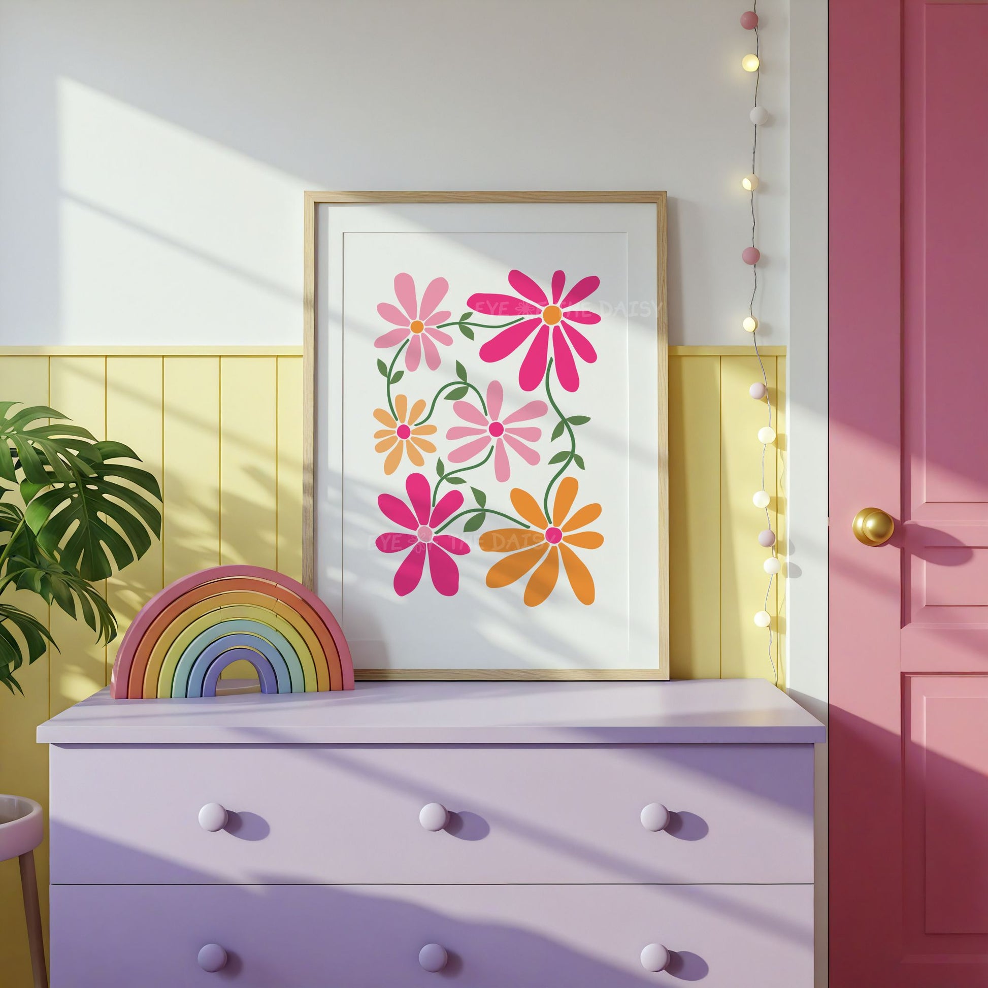Cute pink and orange abstract daisy floral poster with stylized flowers in a children's room