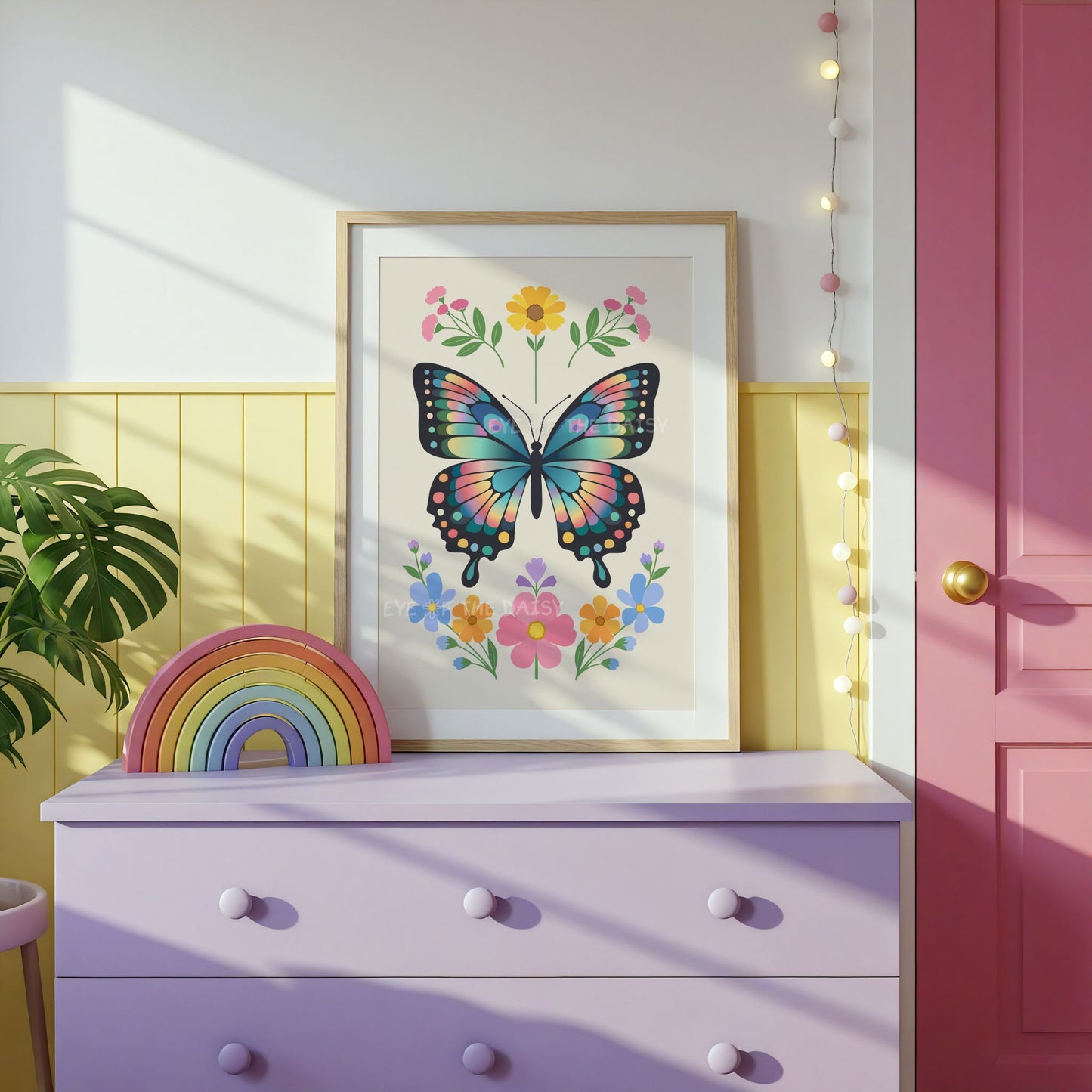 A framed art print of colourful flowers and a butterfly displayed on the wall in a children's pink and lilac bedroom
