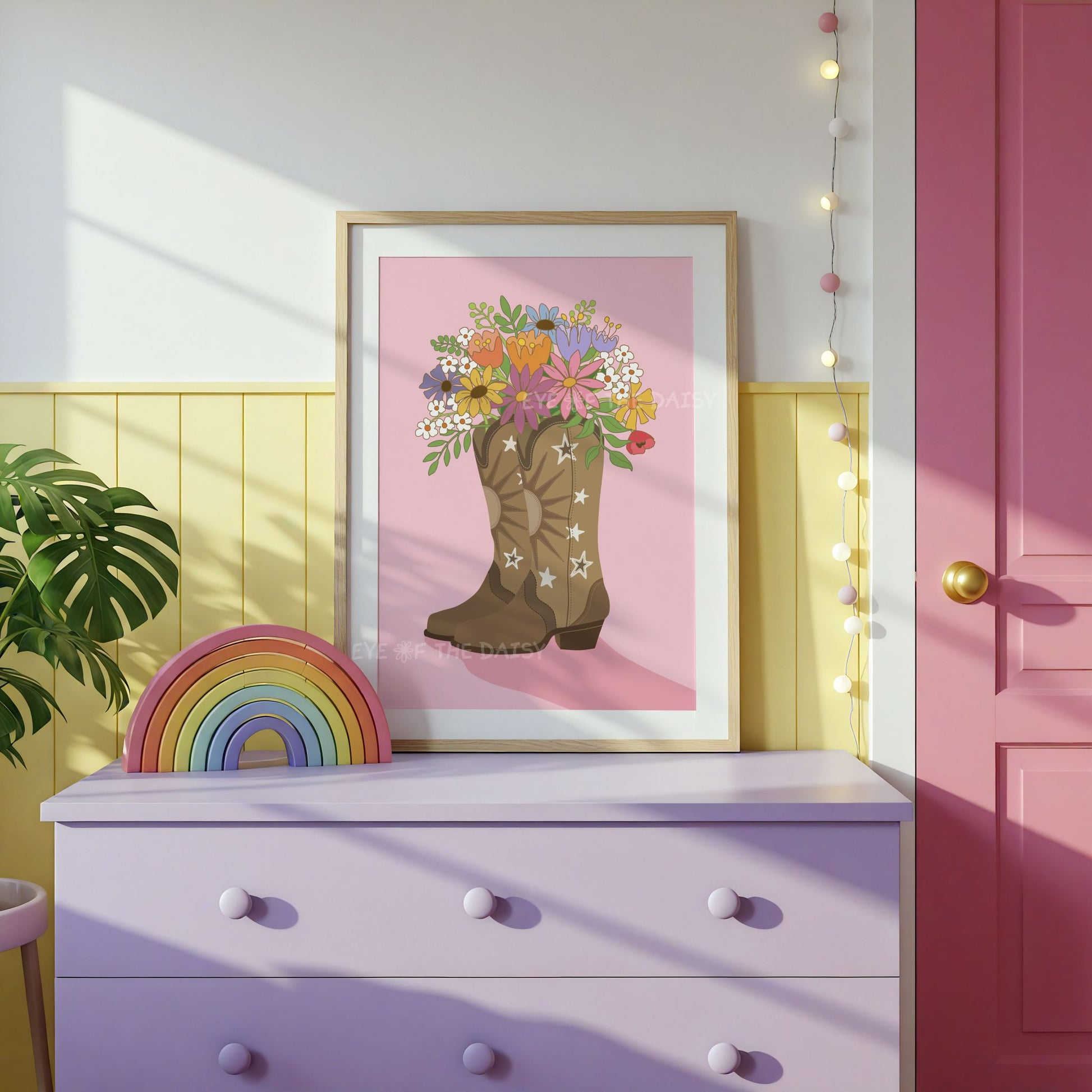 Whimsical boho wall art featuring pink and tan boots with flowers, digital download poster for dopamine decor kids or teen spaces