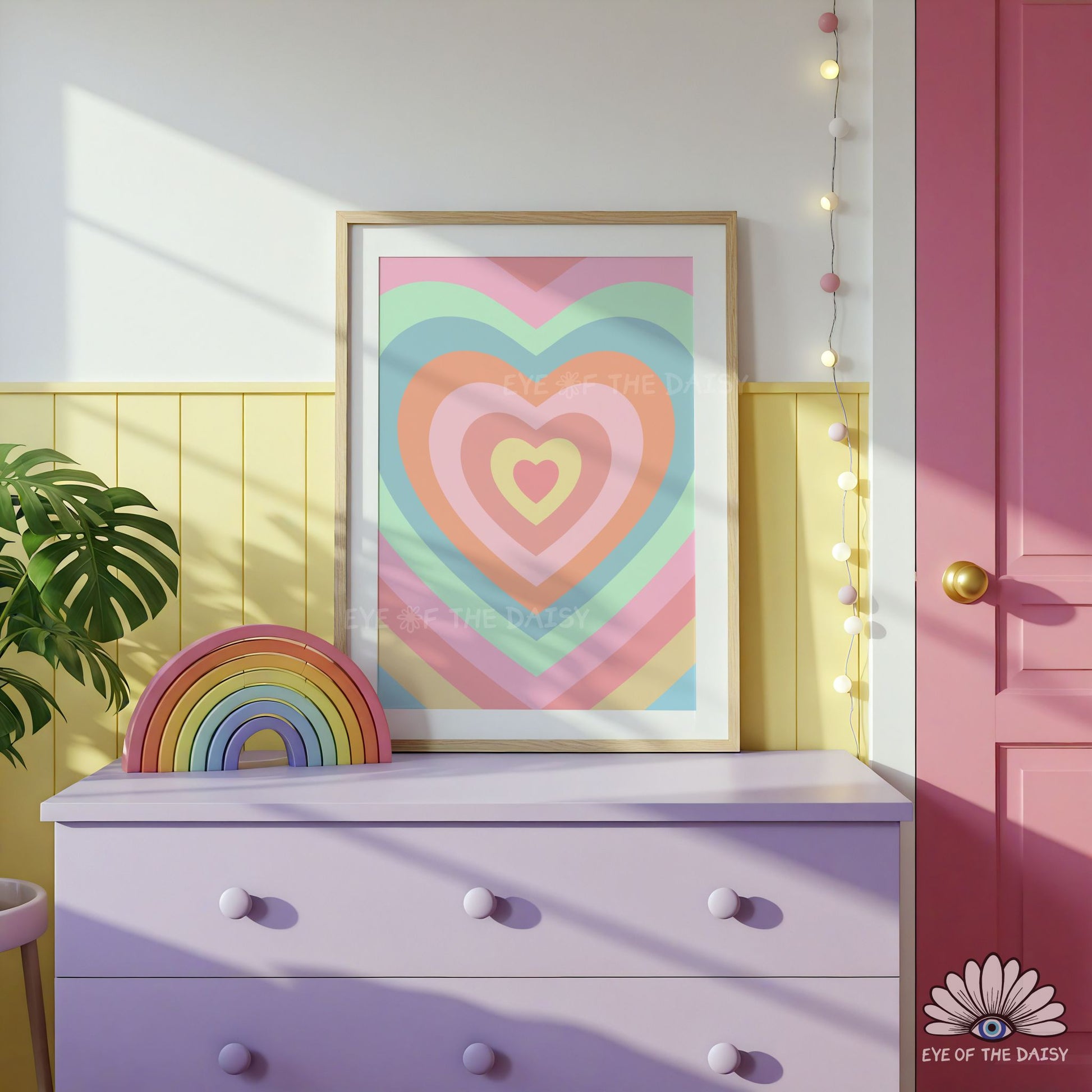 Cute retro heart printable wall art in pastel colours, modern, trendy and Y2K inspired poster for teen girl's room