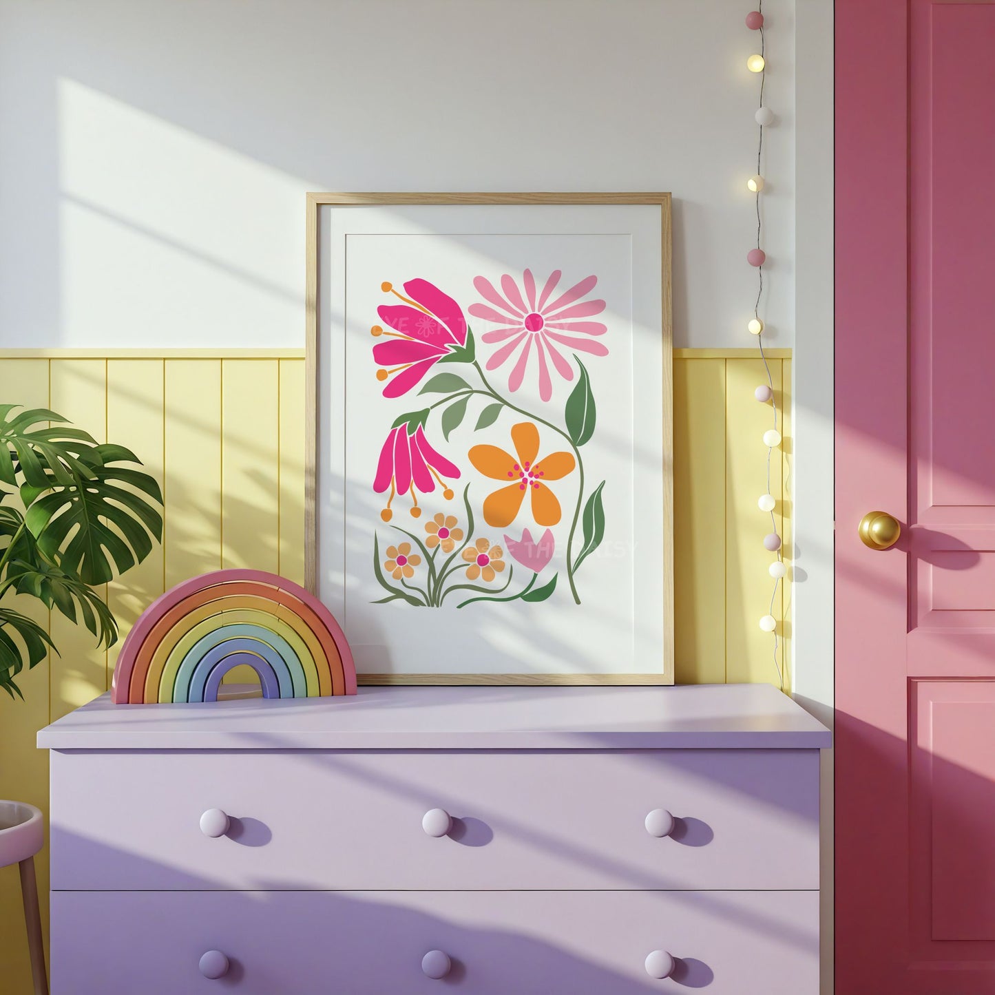 Pretty and girly abstract floral printable wall art in bright pink and orange with intertwining flowers for a toddler girl's room