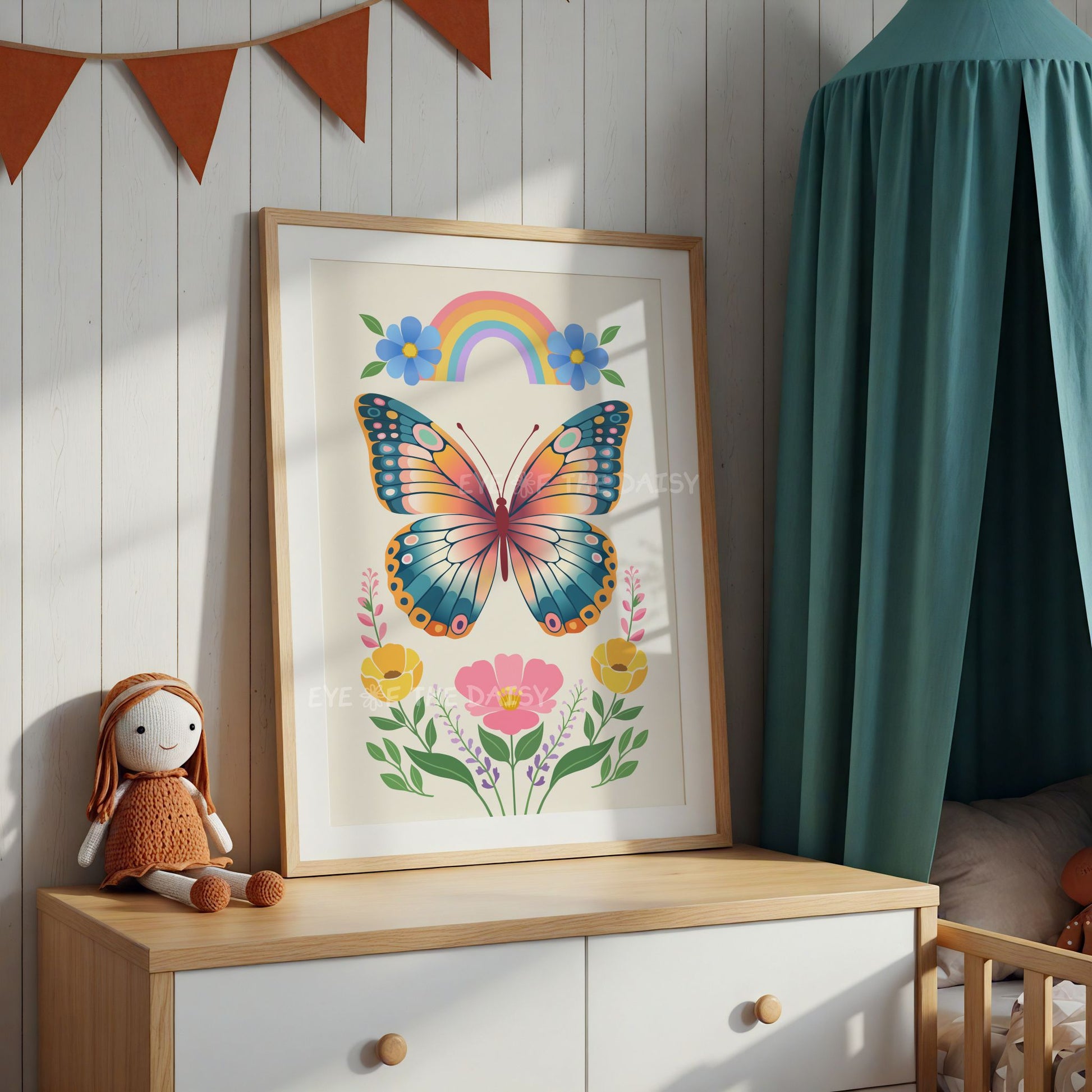 Vibrant butterfly floral poster in Norwegian folk art style, in a boho nursery or children's room