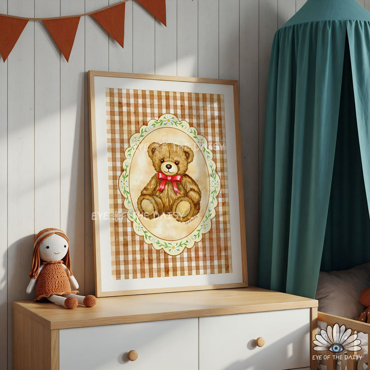 vintage storybook teddy bear wall art digital download for cozy nursery or playroom decor