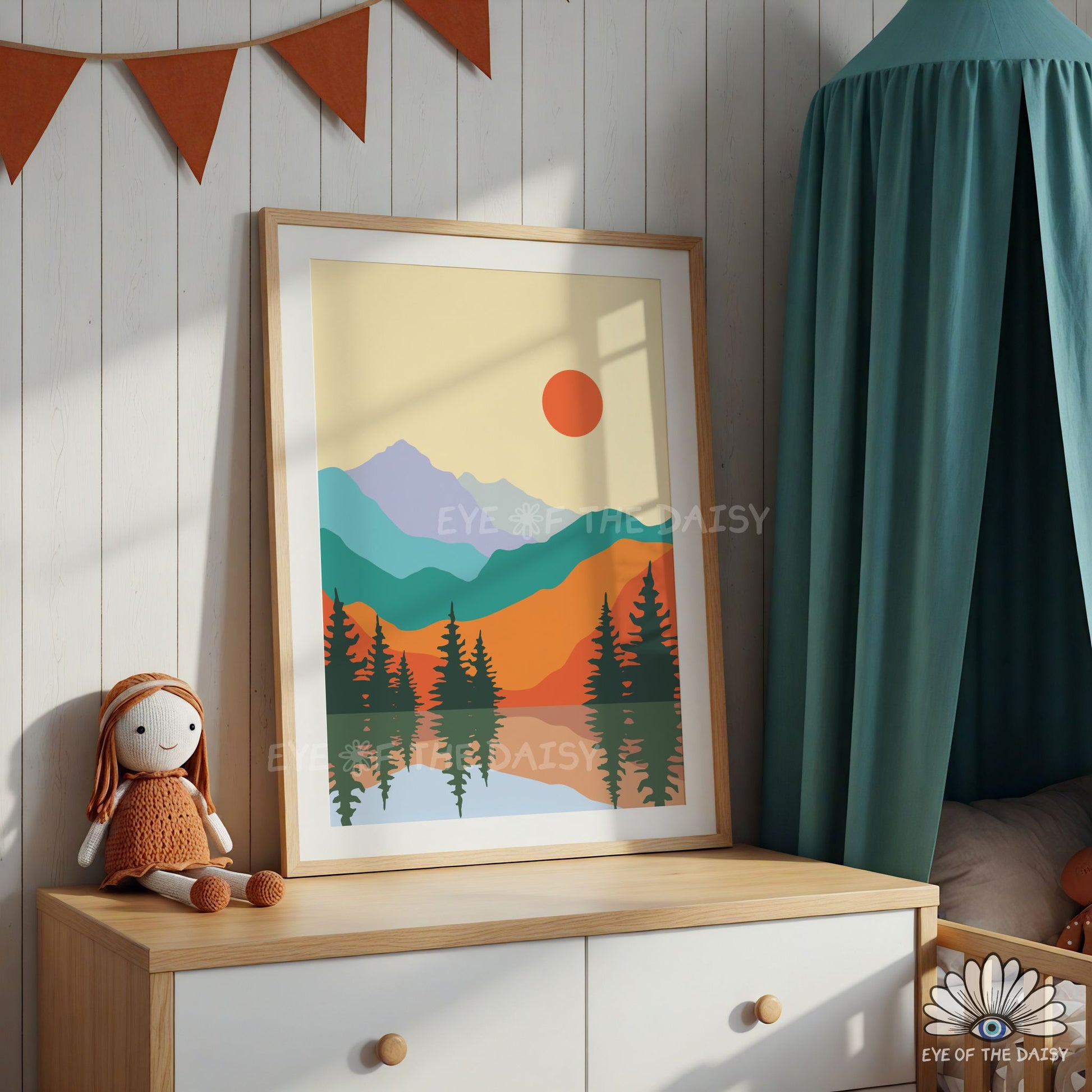 Colour block nature wall art for children's bedroom or nursery, teal burnt orange yellow print