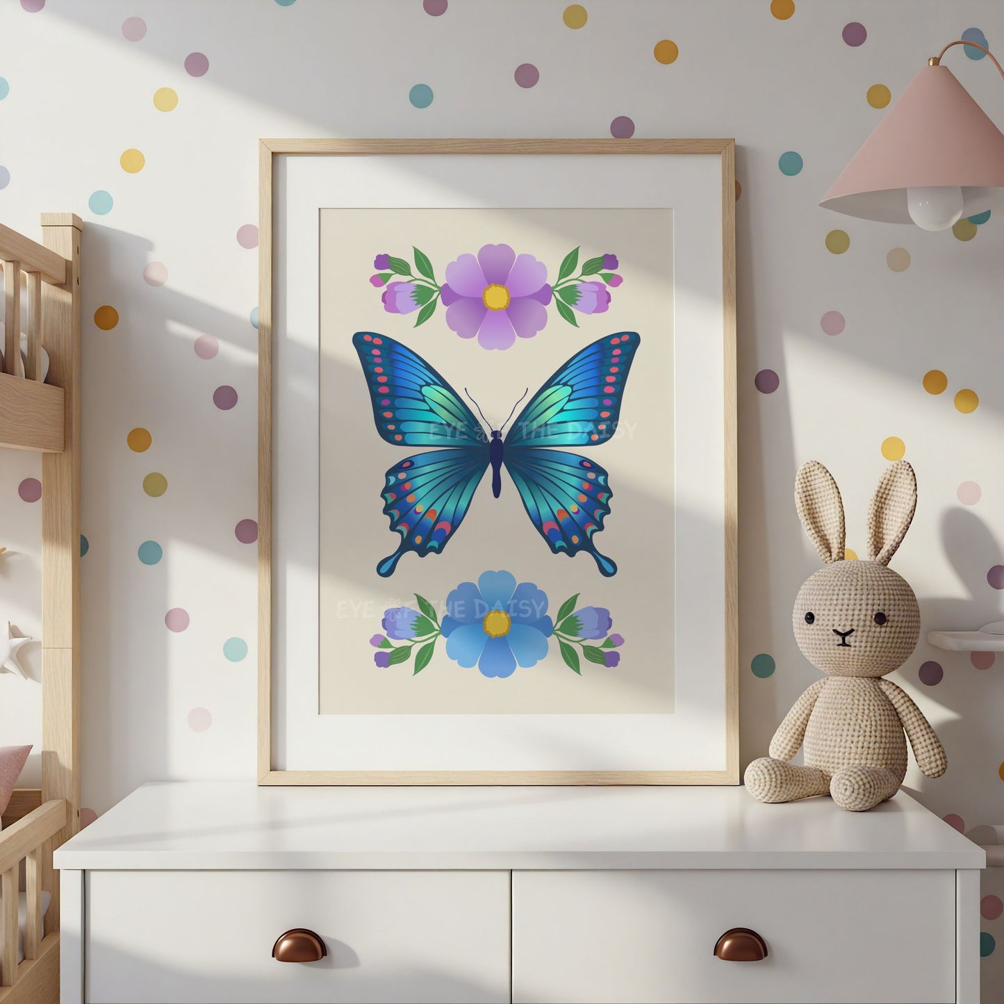 Beautiful floral butterfly digital wall print in a children's bedroom or nursery, great for gender neutral rooms