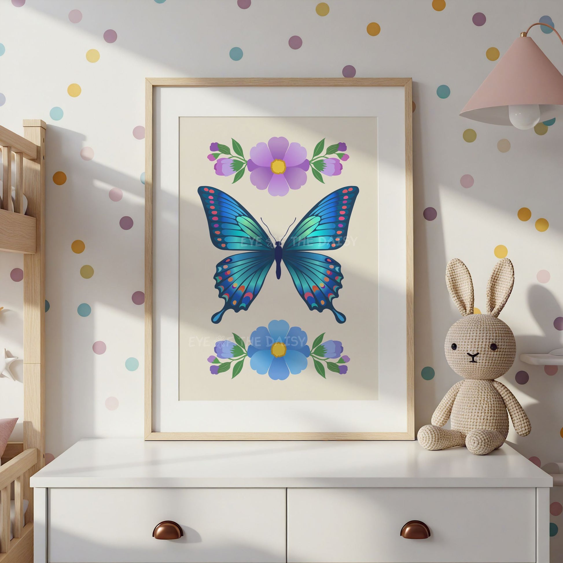 Beautiful floral butterfly digital wall print in a children's bedroom or nursery, great for gender neutral rooms