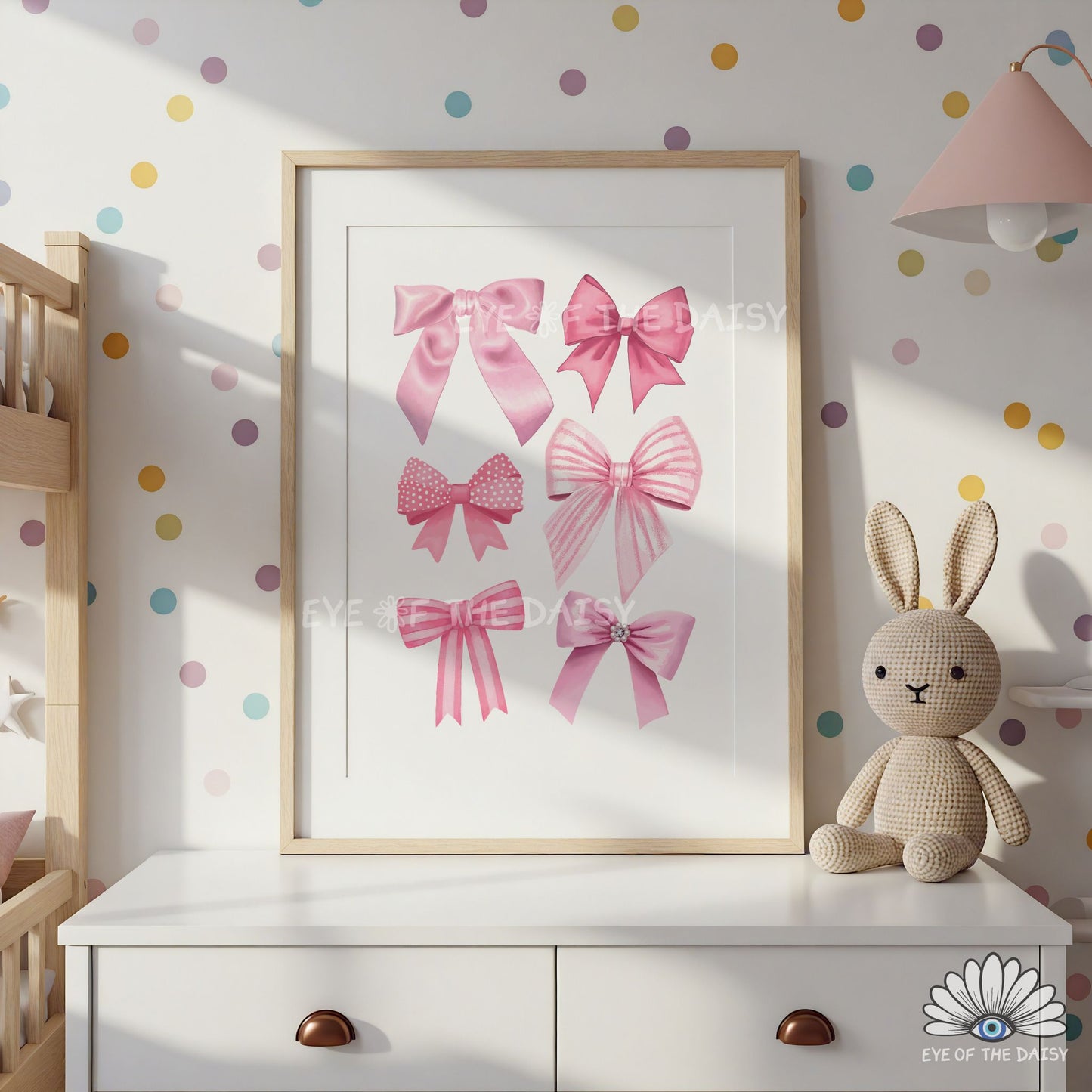 Cottagecore pink bows printable wall art, trendy pink ribbons print instant download for nursery or girls bedroom