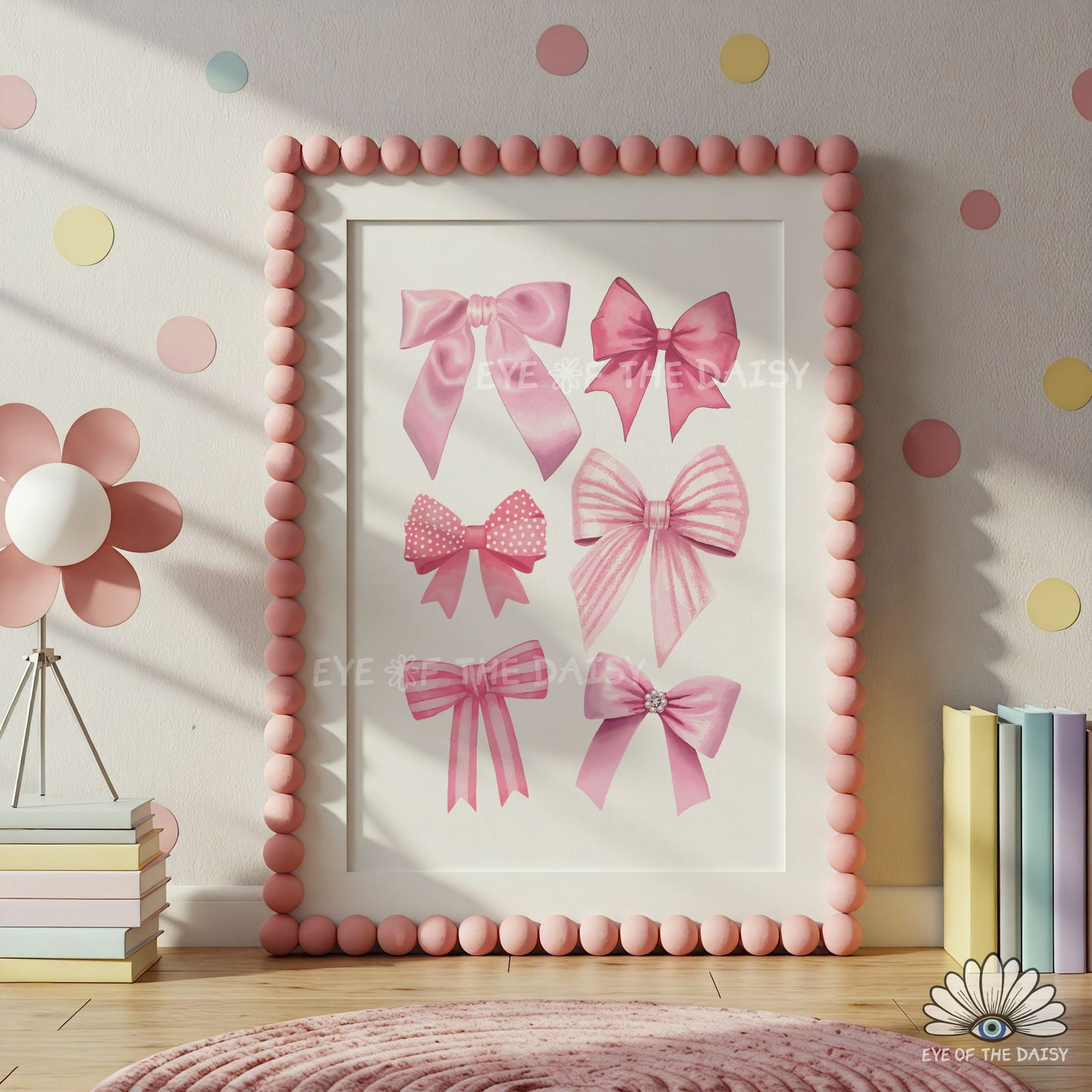 Balletcore ribbons print, pastel pink bows nursery wall art for coastal cowgirl or cottagecore bedroom