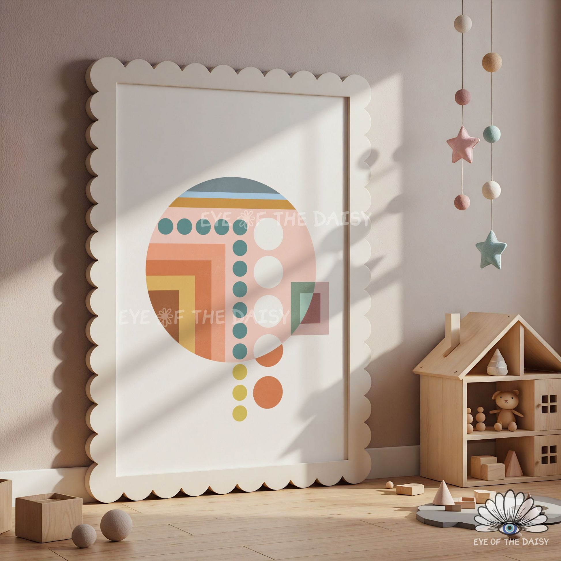 Muted palette geometric abstract print, modern minimalist Bauhaus wall art for nursery