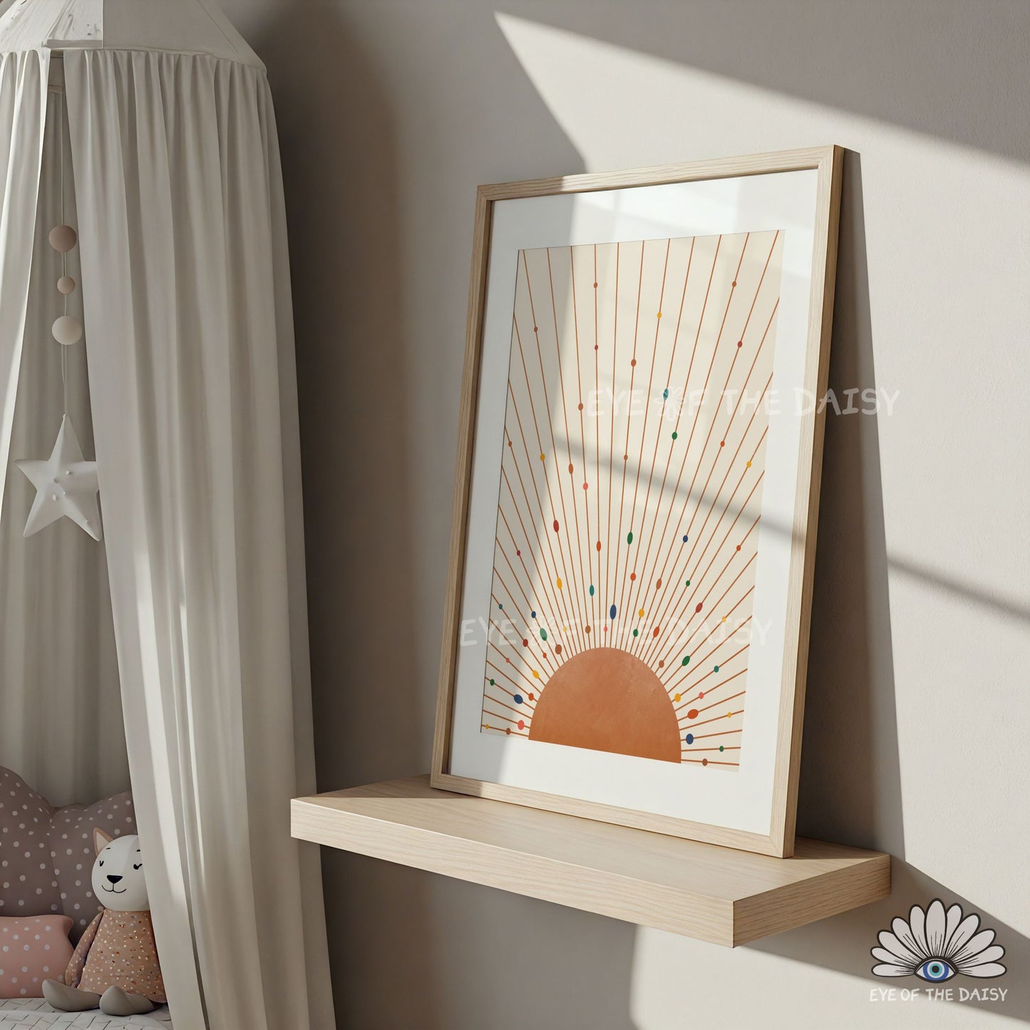 Colourful sun rays art print, boho sun nursery printable wall art for gender neutral nursery