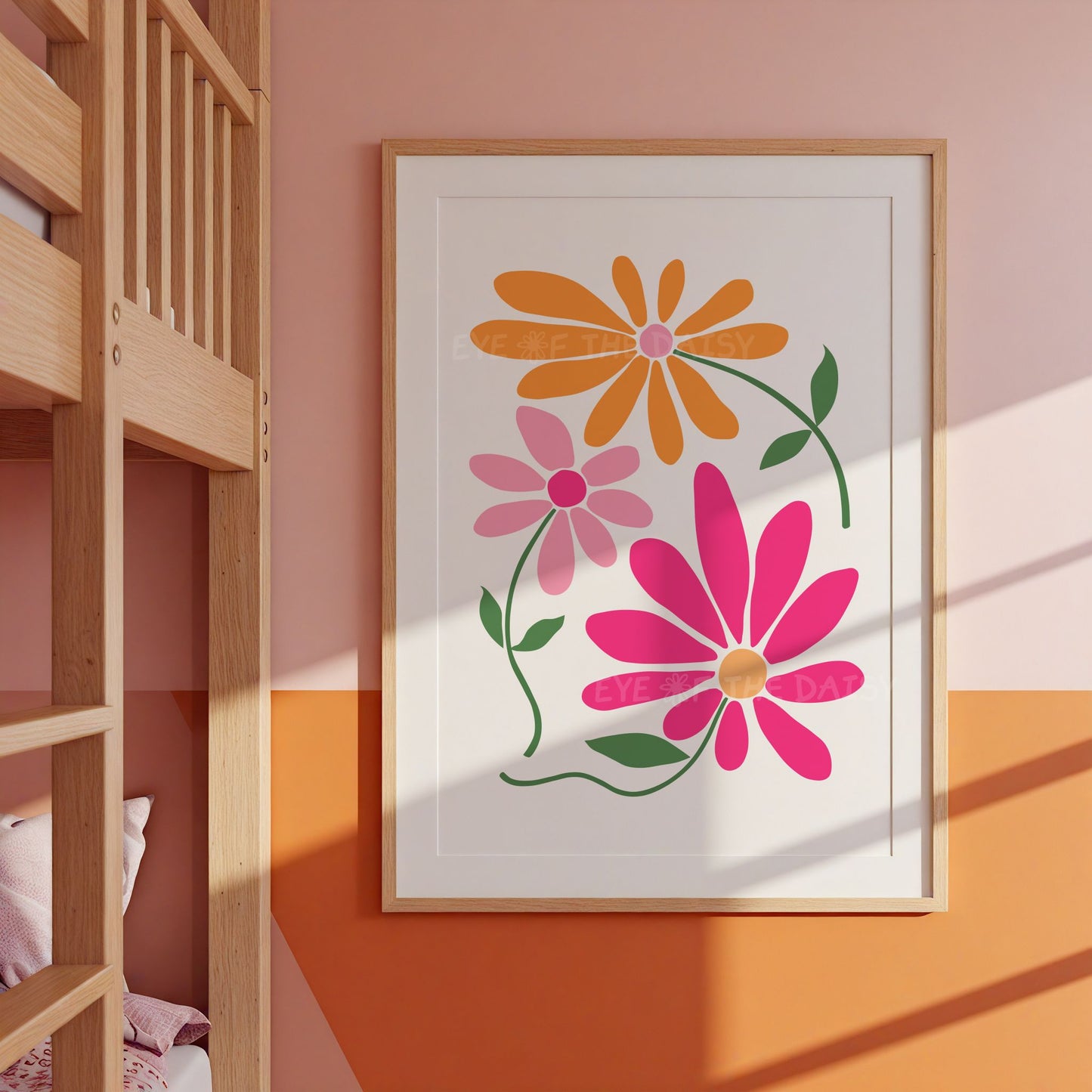 Hot pink and orange boho daisy flower print for nursery wall decor, cute abstract printable wall art, instant download for kids' room