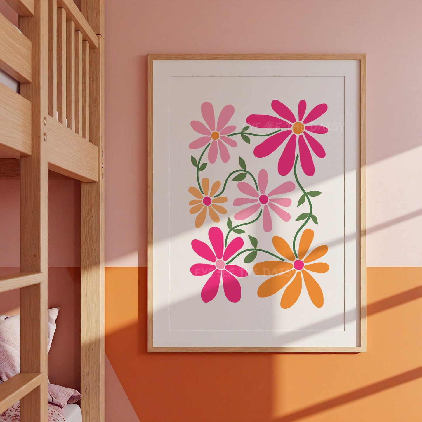 Cute girly pink and orange Y2K floral wall print on the wall of a child's room