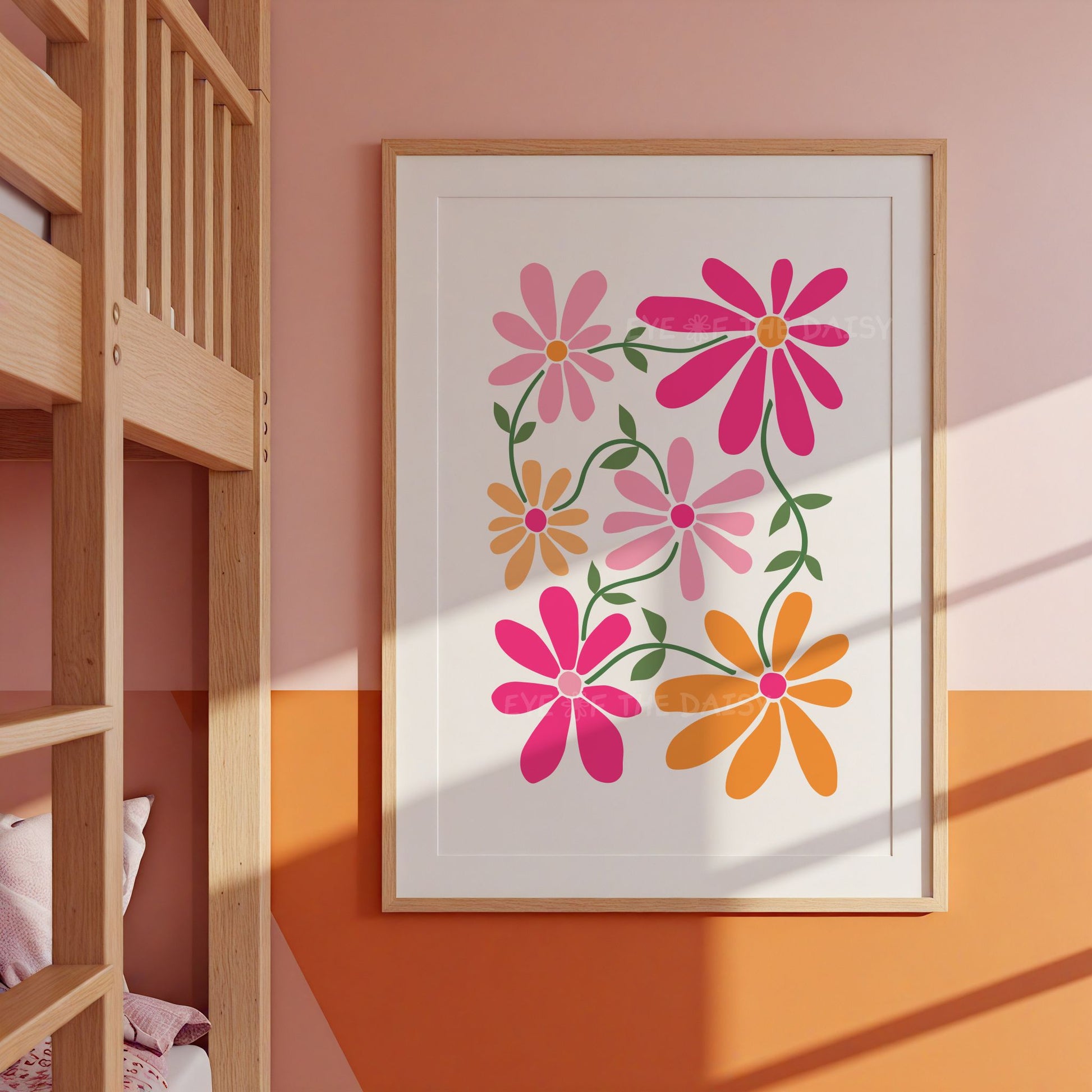 Cute girly pink and orange Y2K floral wall print on the wall of a child's room