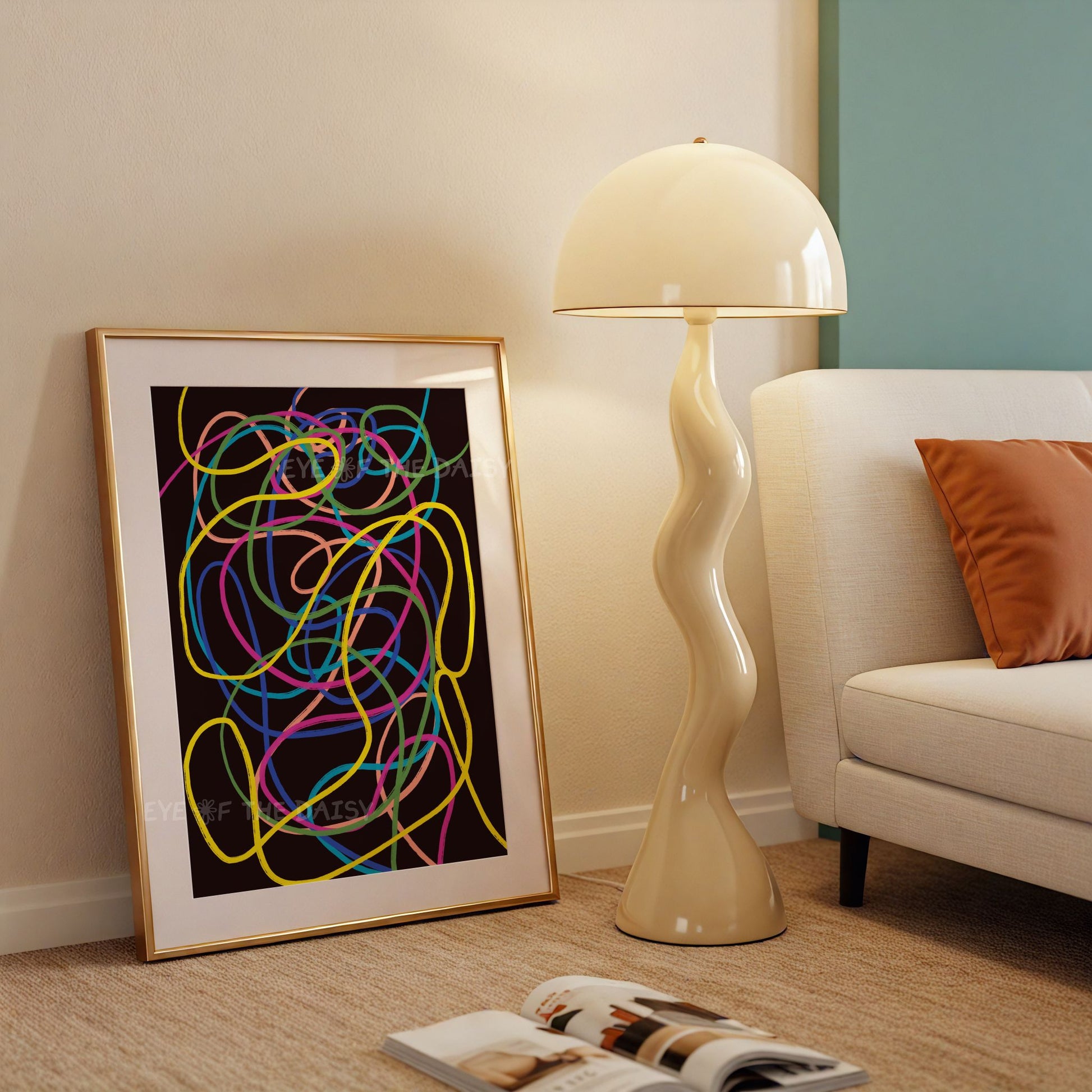 Printable abstract line art – multi-colored squiggle wall print for modern apartment living room, instant download DIY wall decor