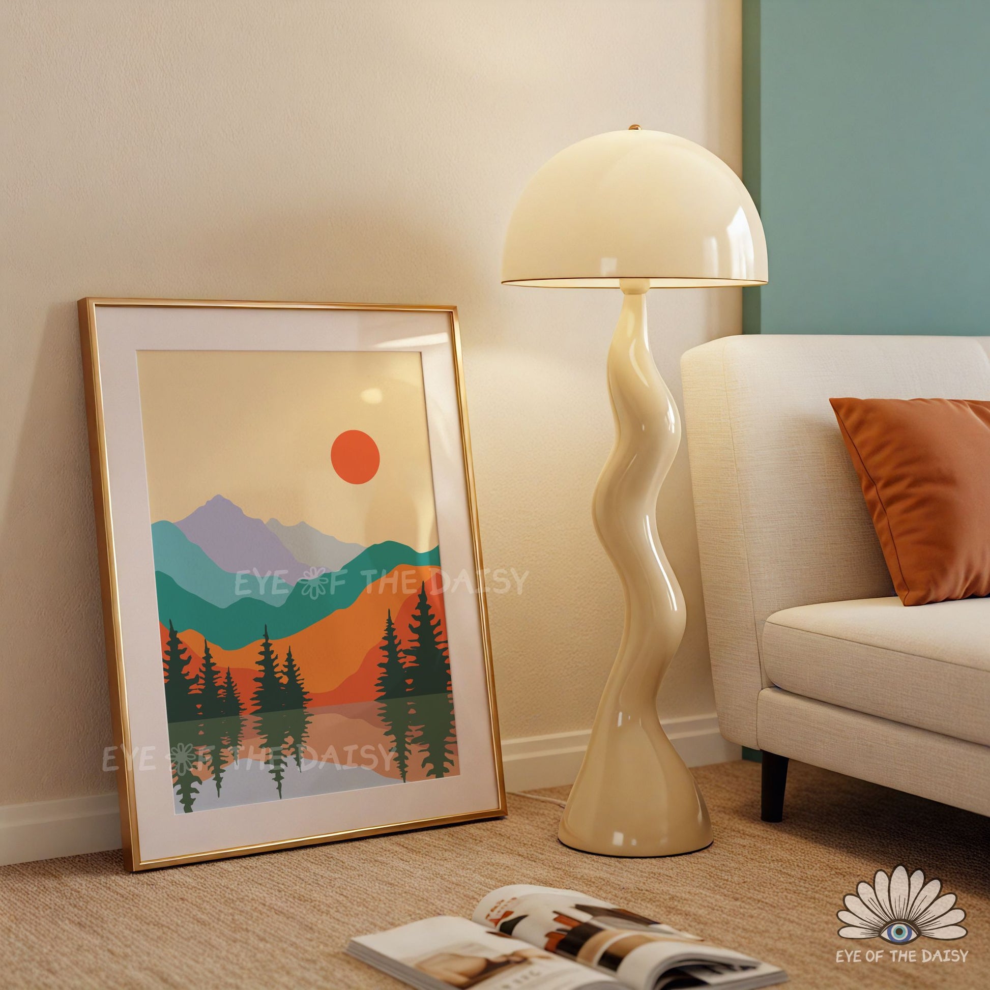 Mid century colourful lake poster, living room printable wall decor