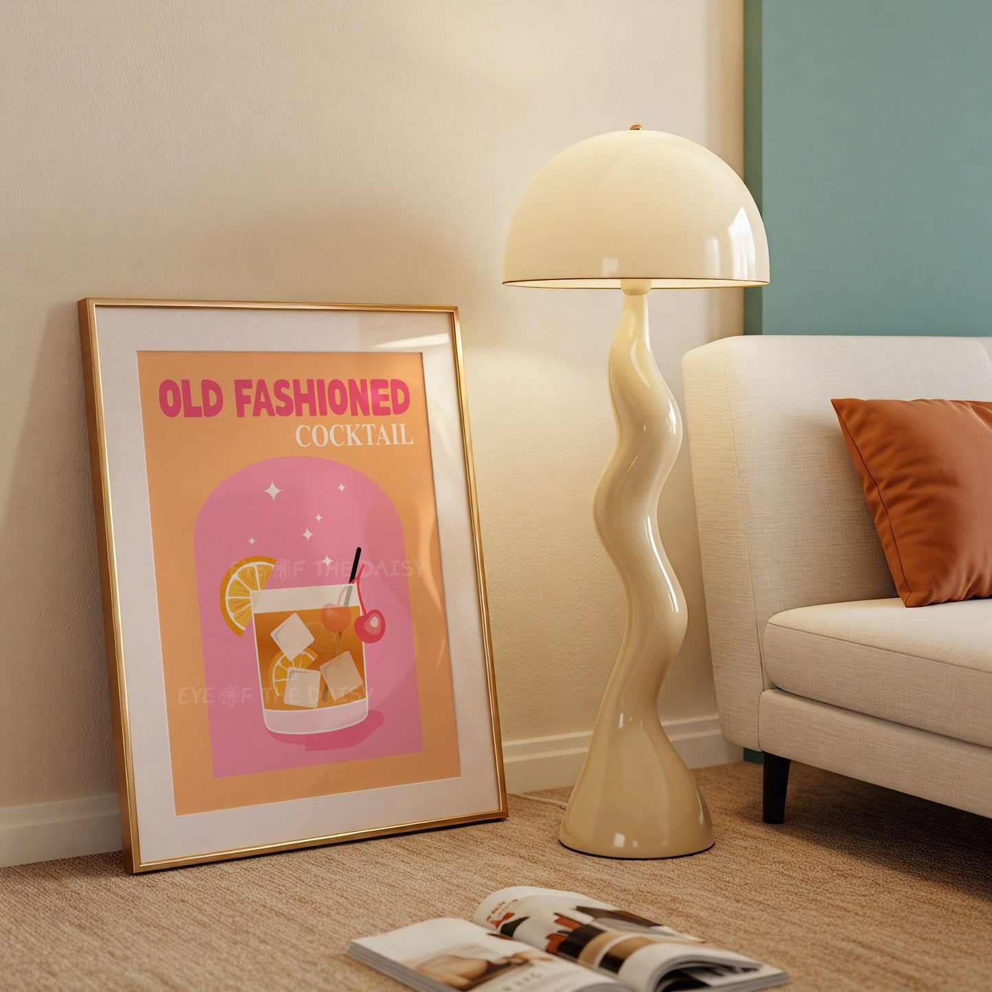 Retro drink art print of Old Fashioned cocktail, digital download poster for eclectic kitchen or trendy apartment wall gallery