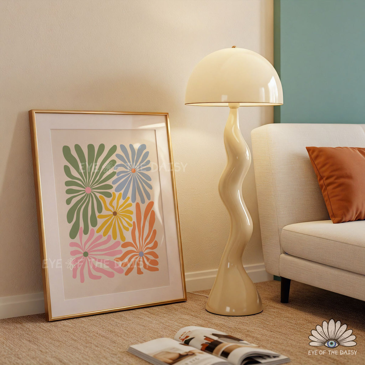 cute colourful floral wall art printable, bright 70s botanical poster for dorms or small apartments