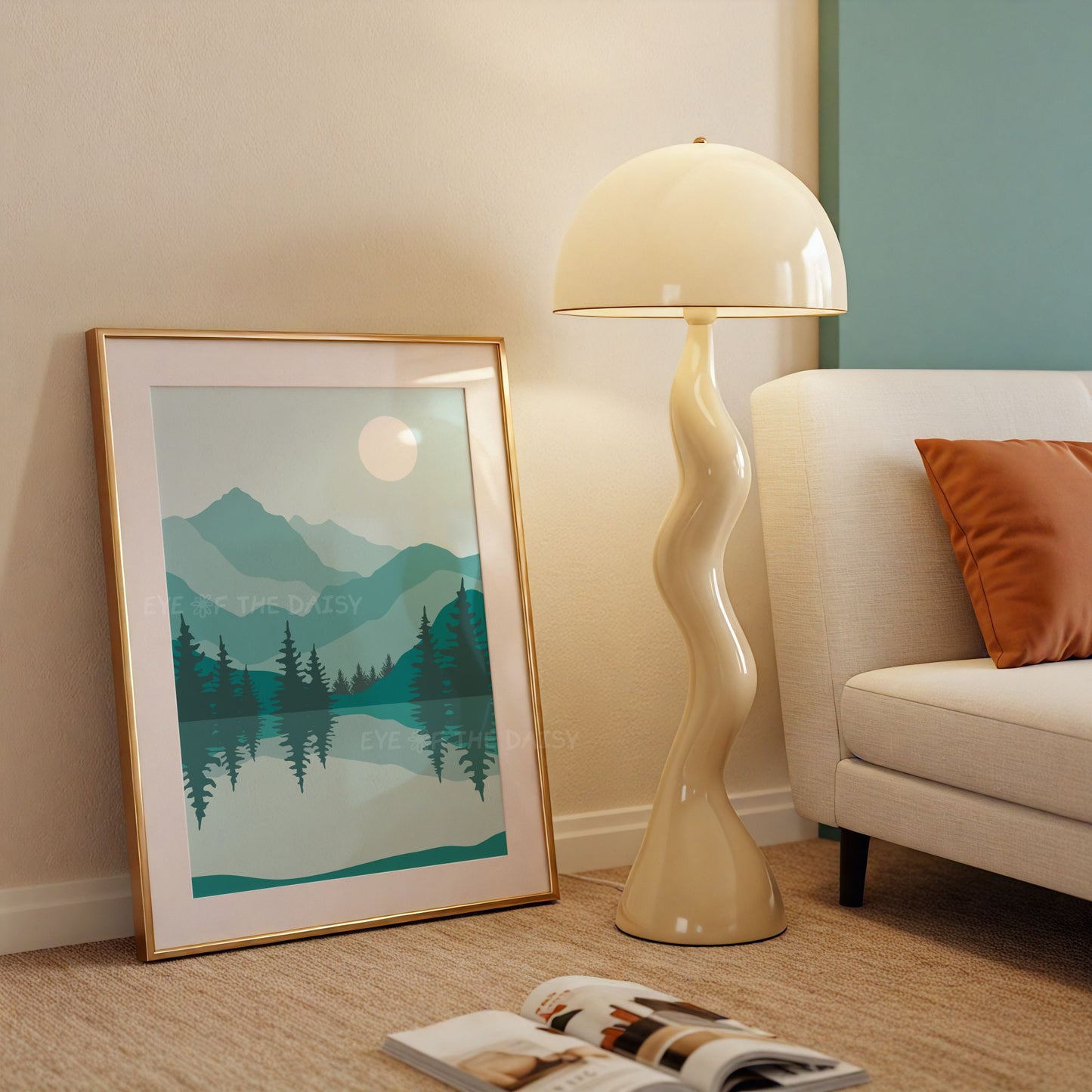 Teal blue abstract mountain art print with a minimal modern style, perfect for trendy modern or retro apartment wall decor