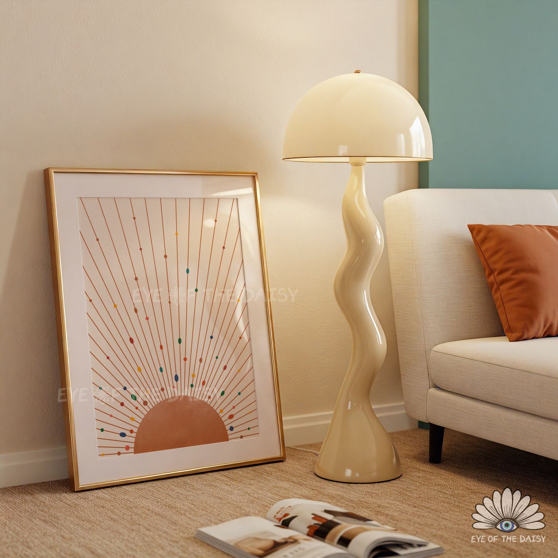 Mid century sun poster, retro art deco sun rays wall art print for apartment decor