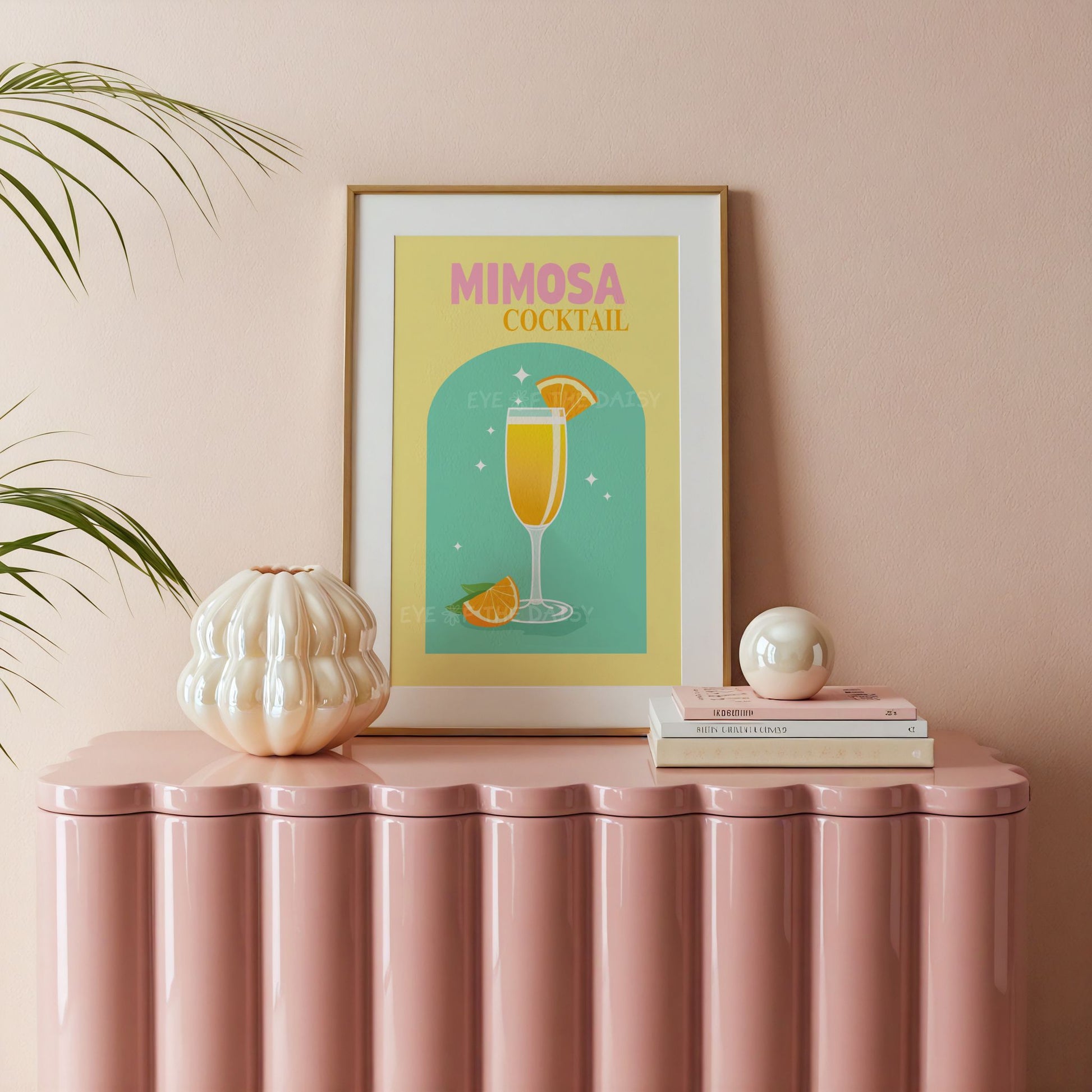 Mimosa cocktail wall print with retro colours — printable digital art download with brunch typography for fun bar area decor