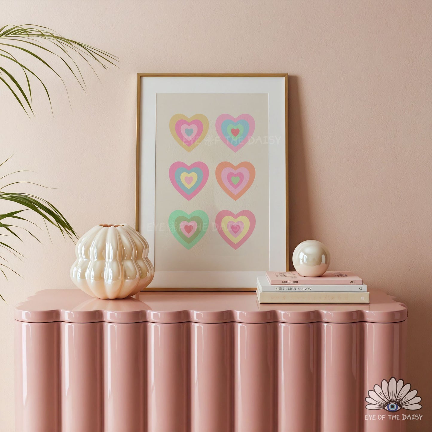Pastel retro hearts printable poster, modern, trendy and cute wall art for dorms or bedrooms