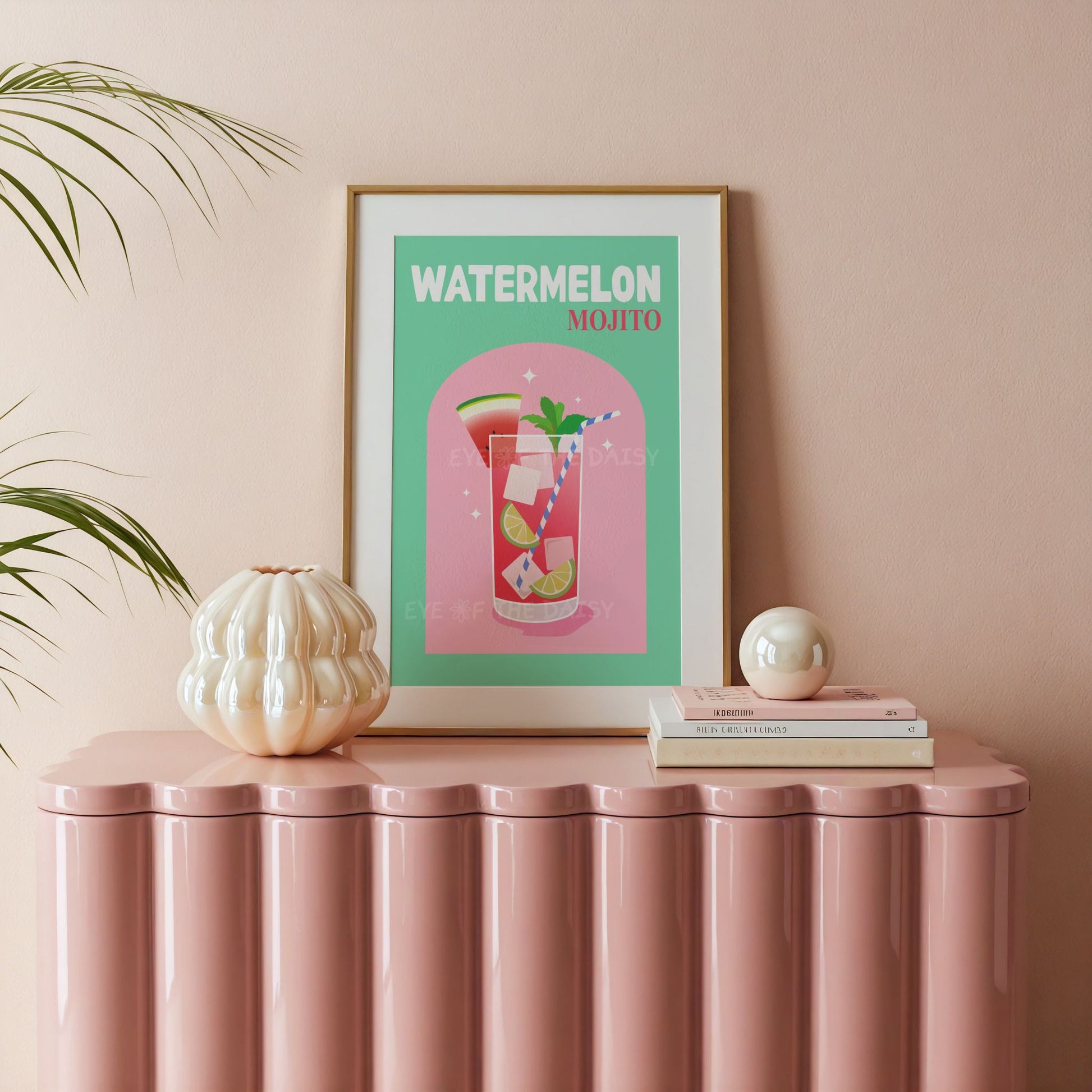Colourful retro "Watermelon Mojito" illustration wall art print with text in vibrant pink and turquoise green