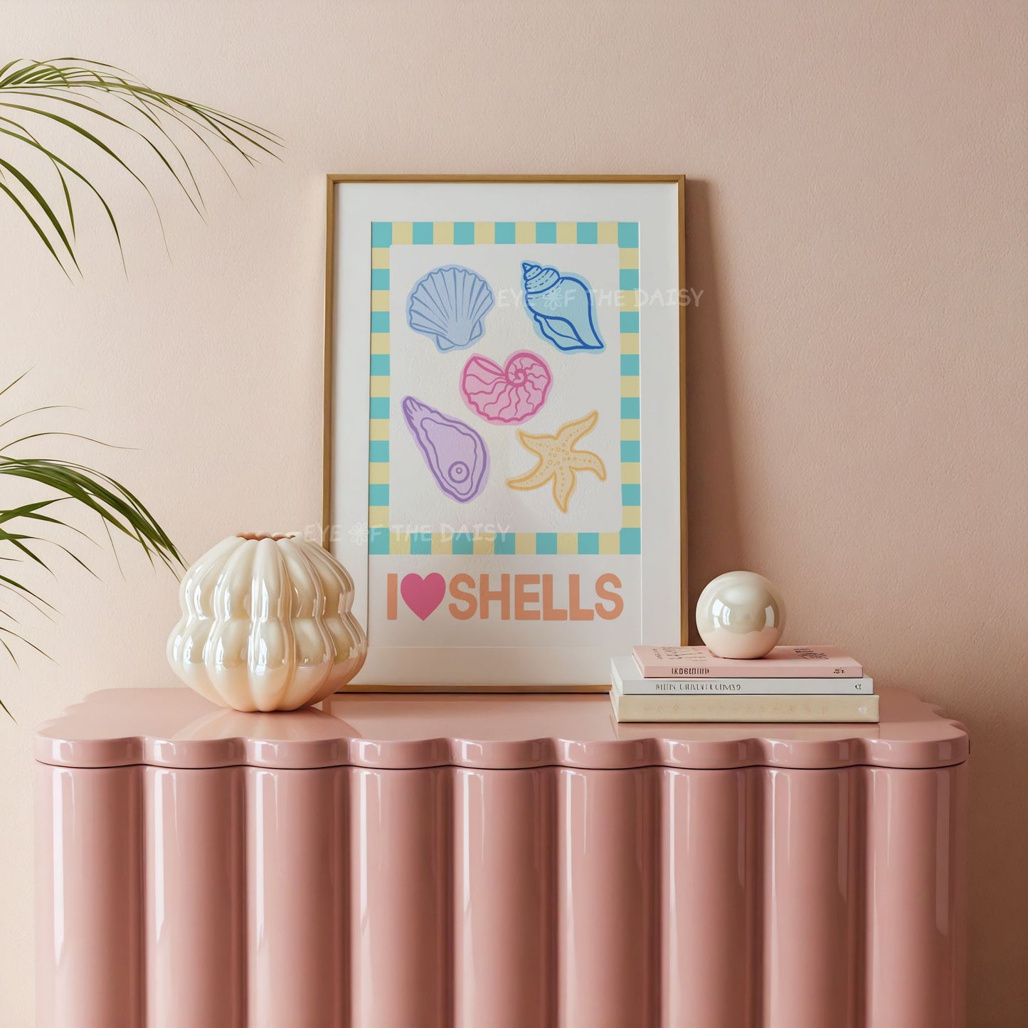 Colorful beachy shell poster print download – hand drawn I Love Shells printable wall art for fun summer rental or coastal decor space