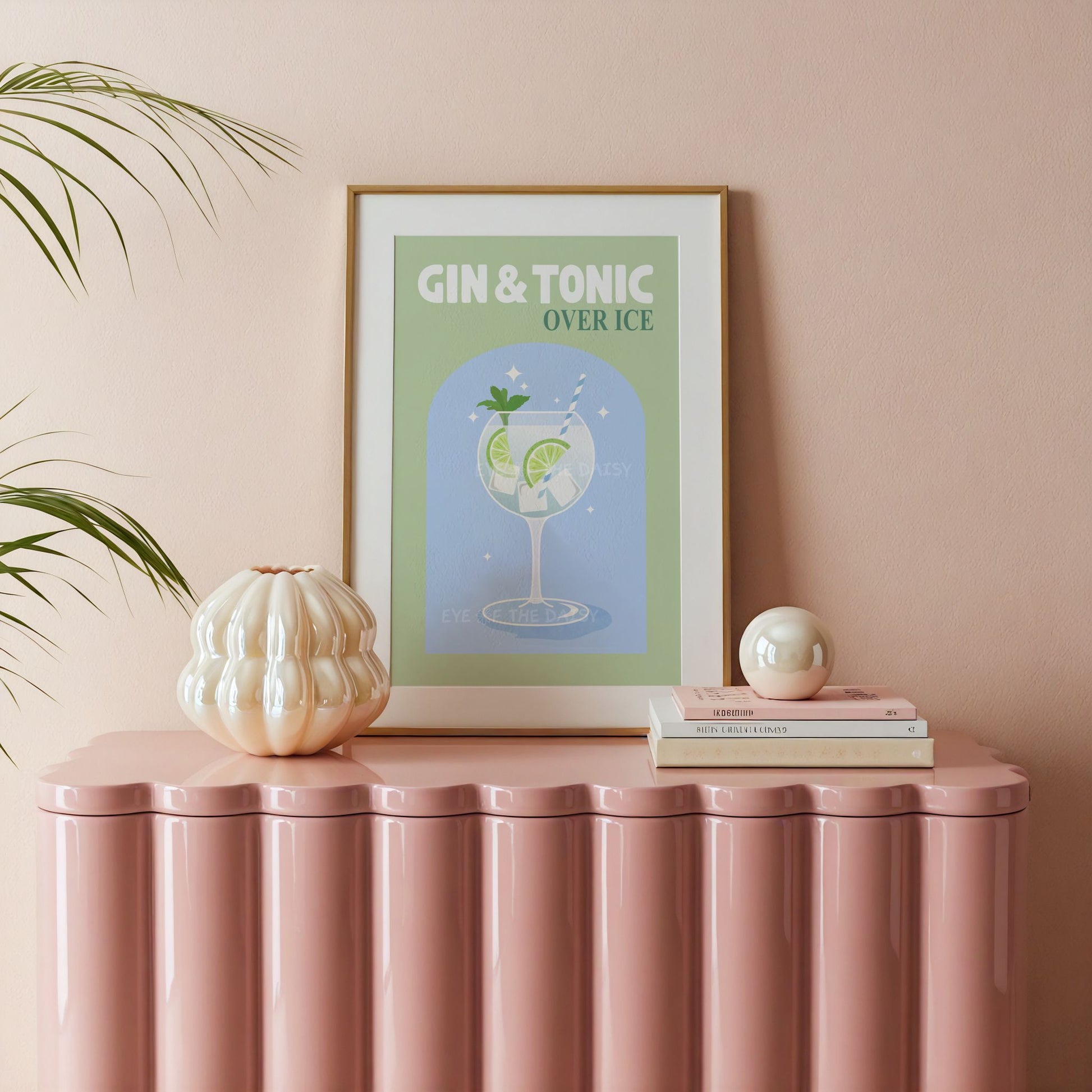 Colourful cocktail print with "gin & tonic" illustration in sage green and light blue – modern funky cocktail wall decor for a fun bar gallery wall