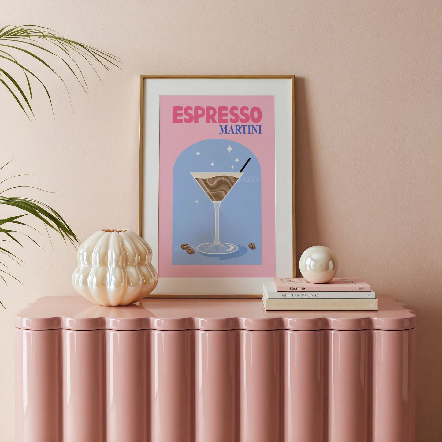 Fun pink & blue Espresso Martini drink print for trendy kitchen or apartment, printable digital download for home bar gallery wall