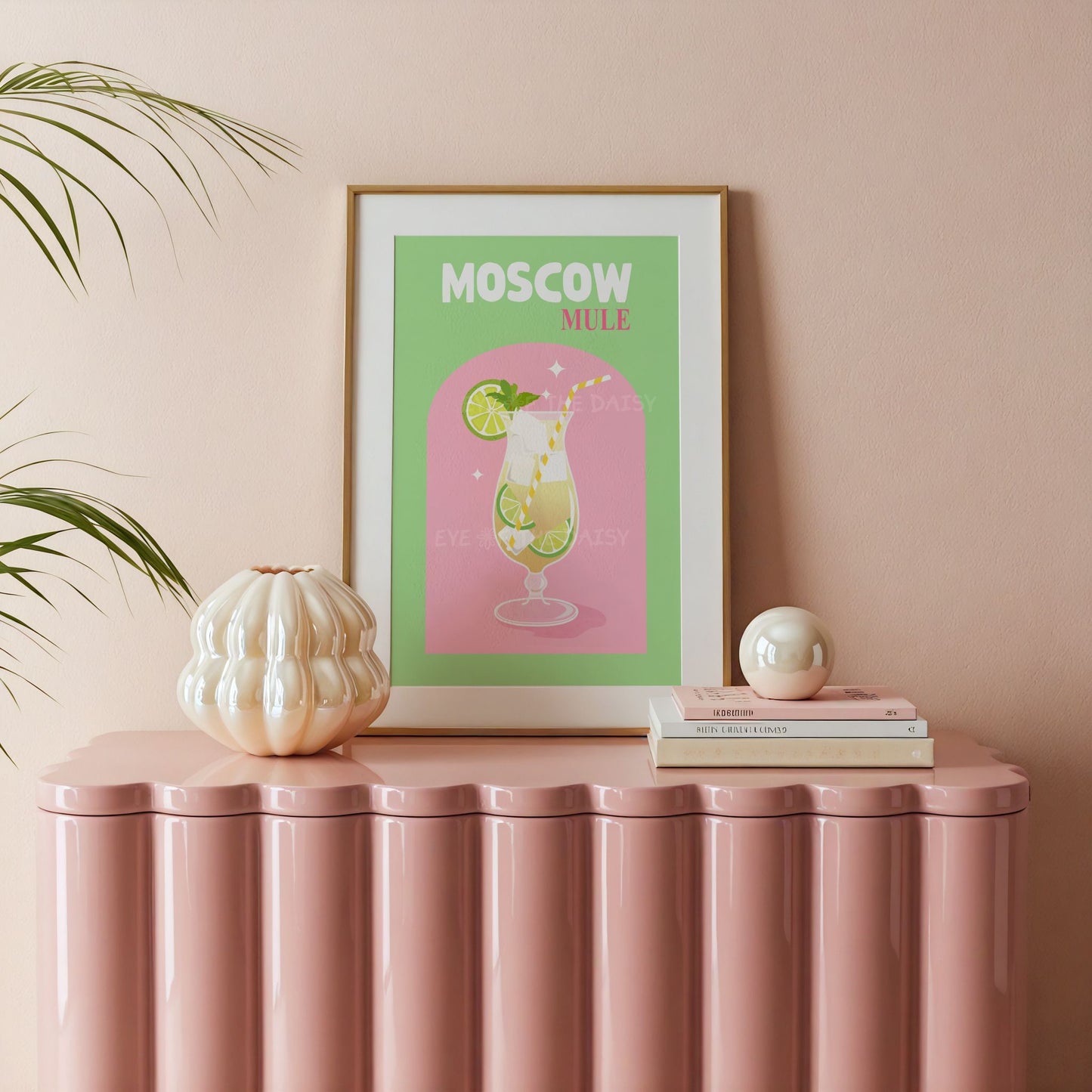 Bright green and pink Moscow Mule cocktail print – downloadable retro drink wall art for modern homes and rental wall decor