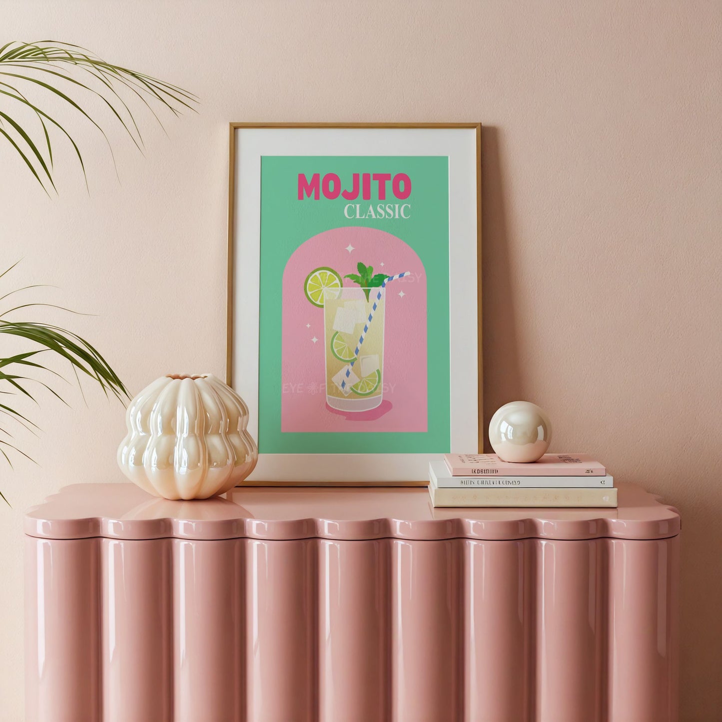 Mojito poster printable wall art, vibrant green and pink cocktail design perfect for dorm bar cart or student room DIY wall decor