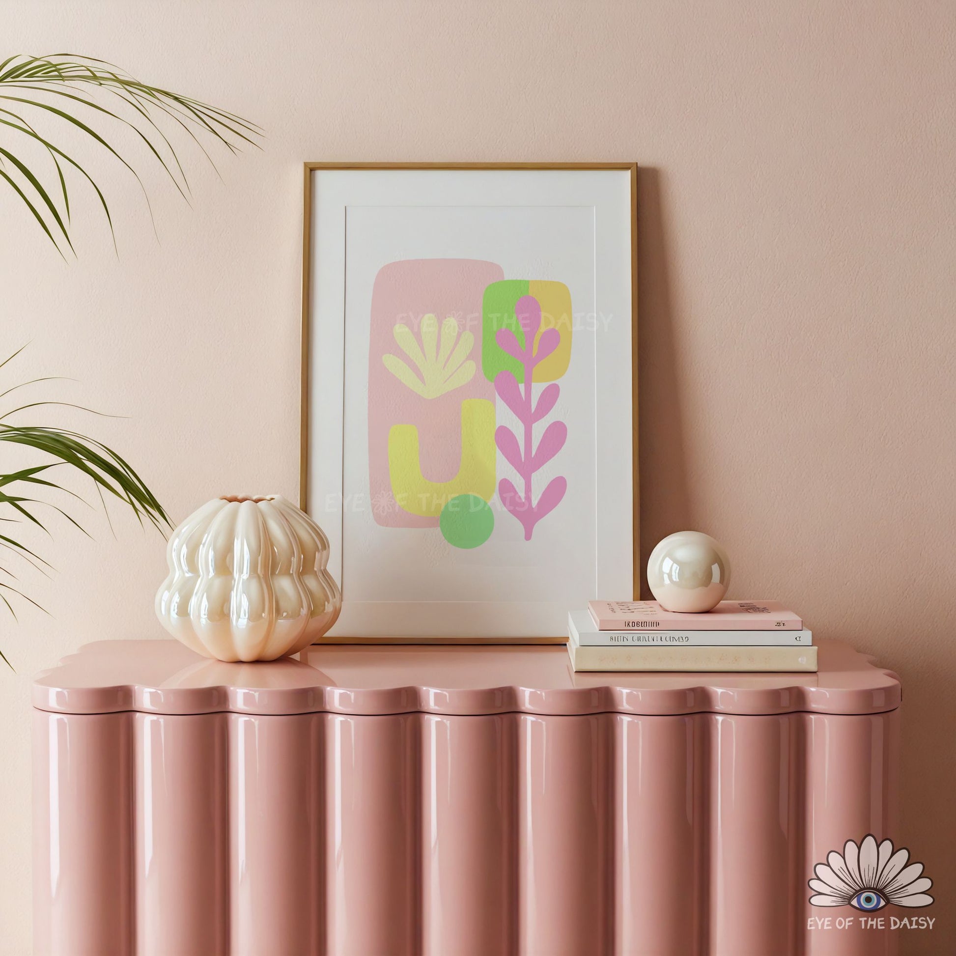 Minimalist yet colorful pastel botanical digital print, contemporary abstract wall art for stylish home office decor