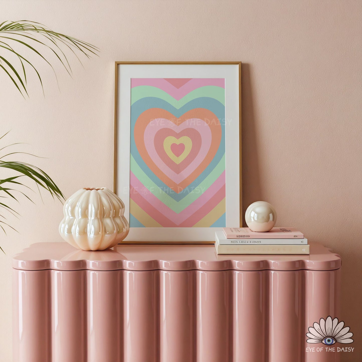 Pastel retro heart printable poster digital download, preppy and Y2K inspired wall art for bedrooms or living rooms