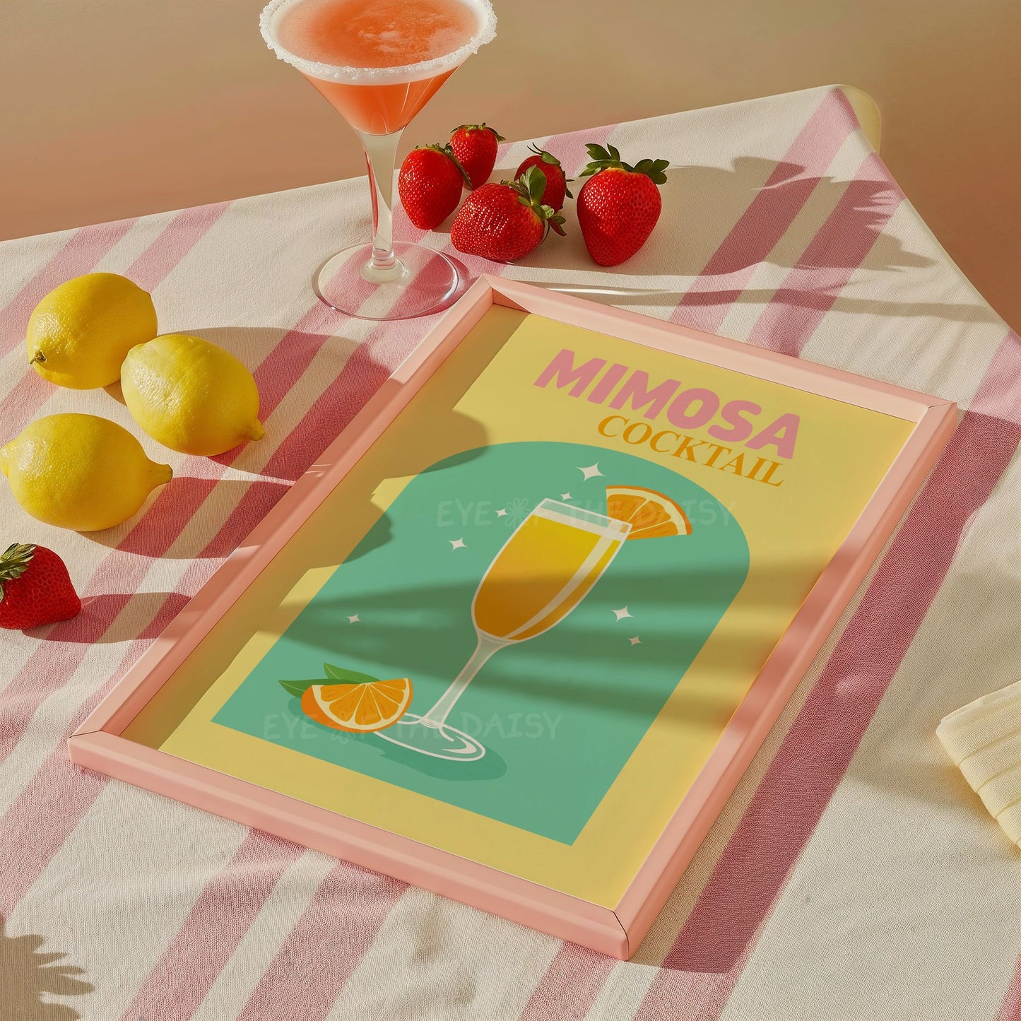 Mimosa cocktail printable wall art in yellow and turquoise — retro digital art print for modern kitchens or brunch decor