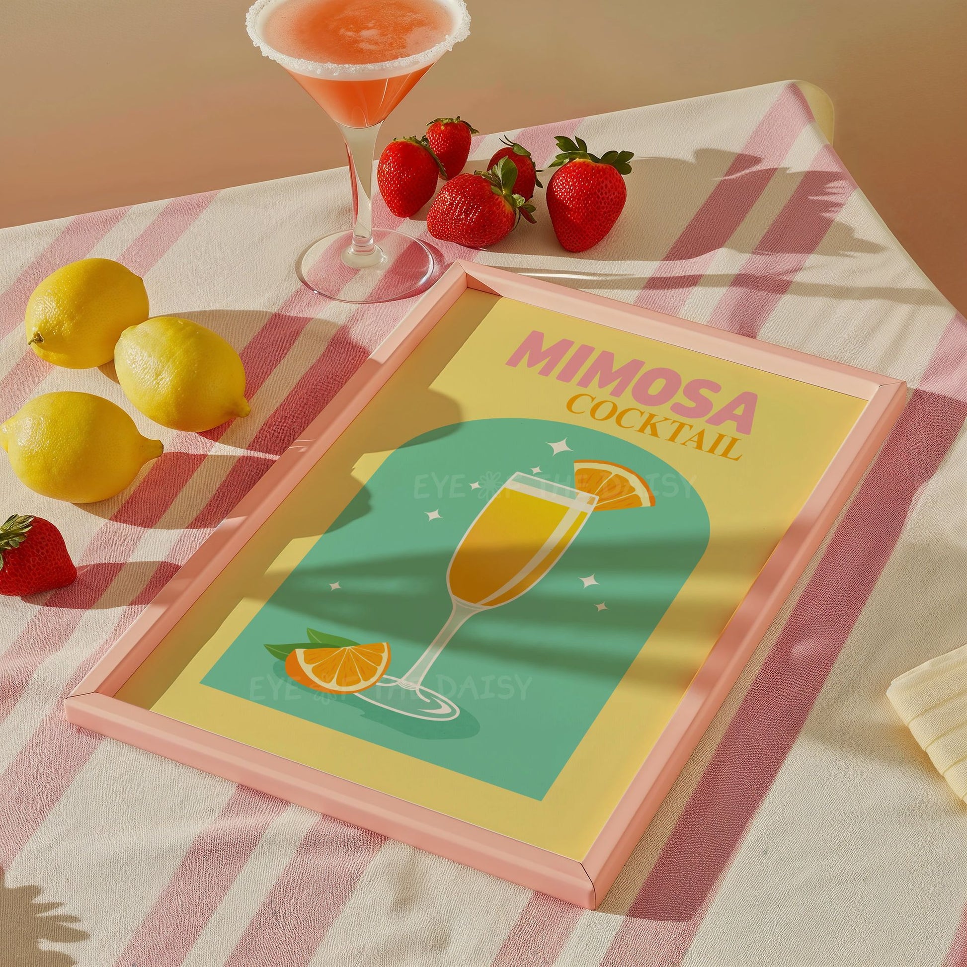 Mimosa cocktail printable wall art in yellow and turquoise — retro digital art print for modern kitchens or brunch decor