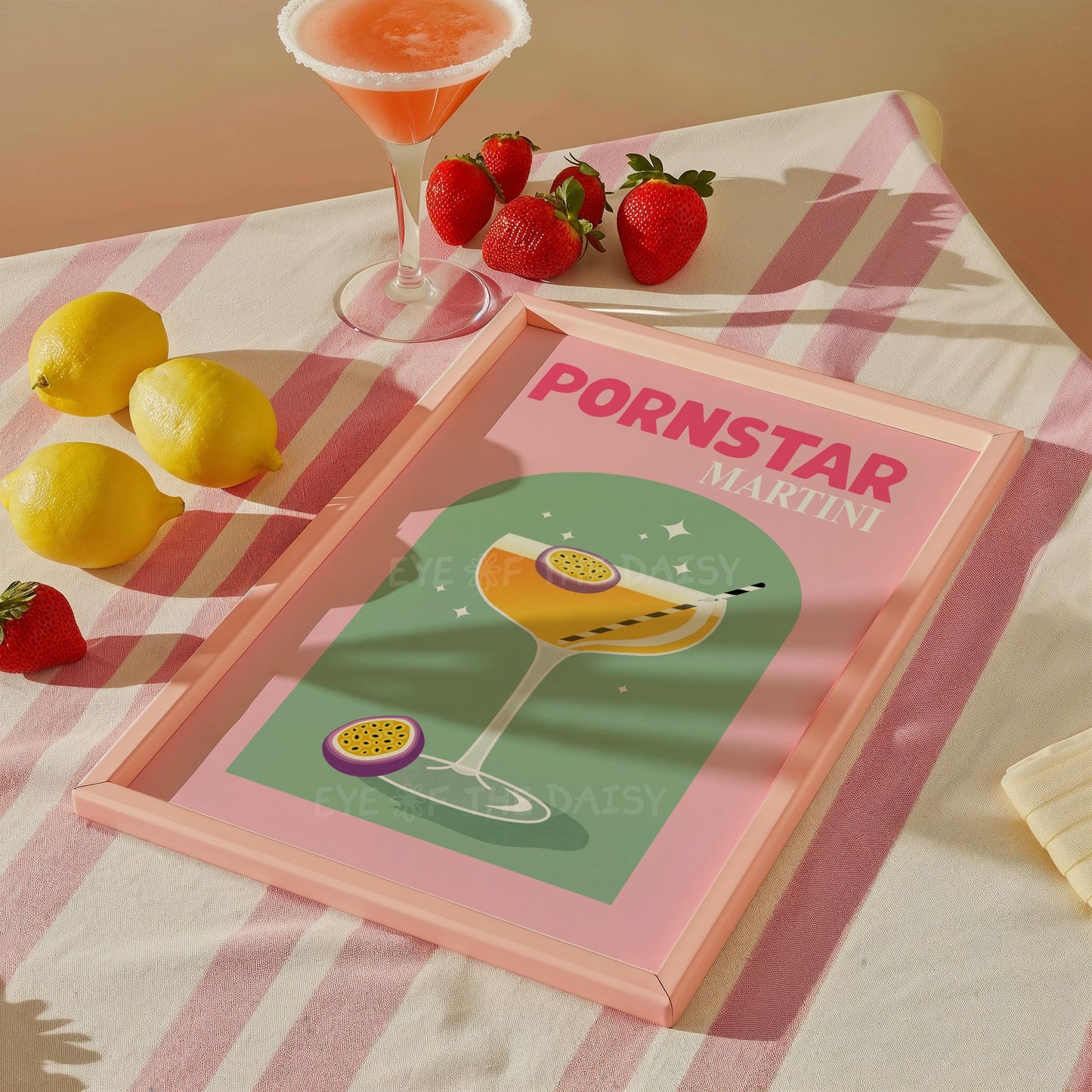 Pink and green Pornstar Martini cocktail print for dorm or college bar wall decor, printable retro drink poster digital download