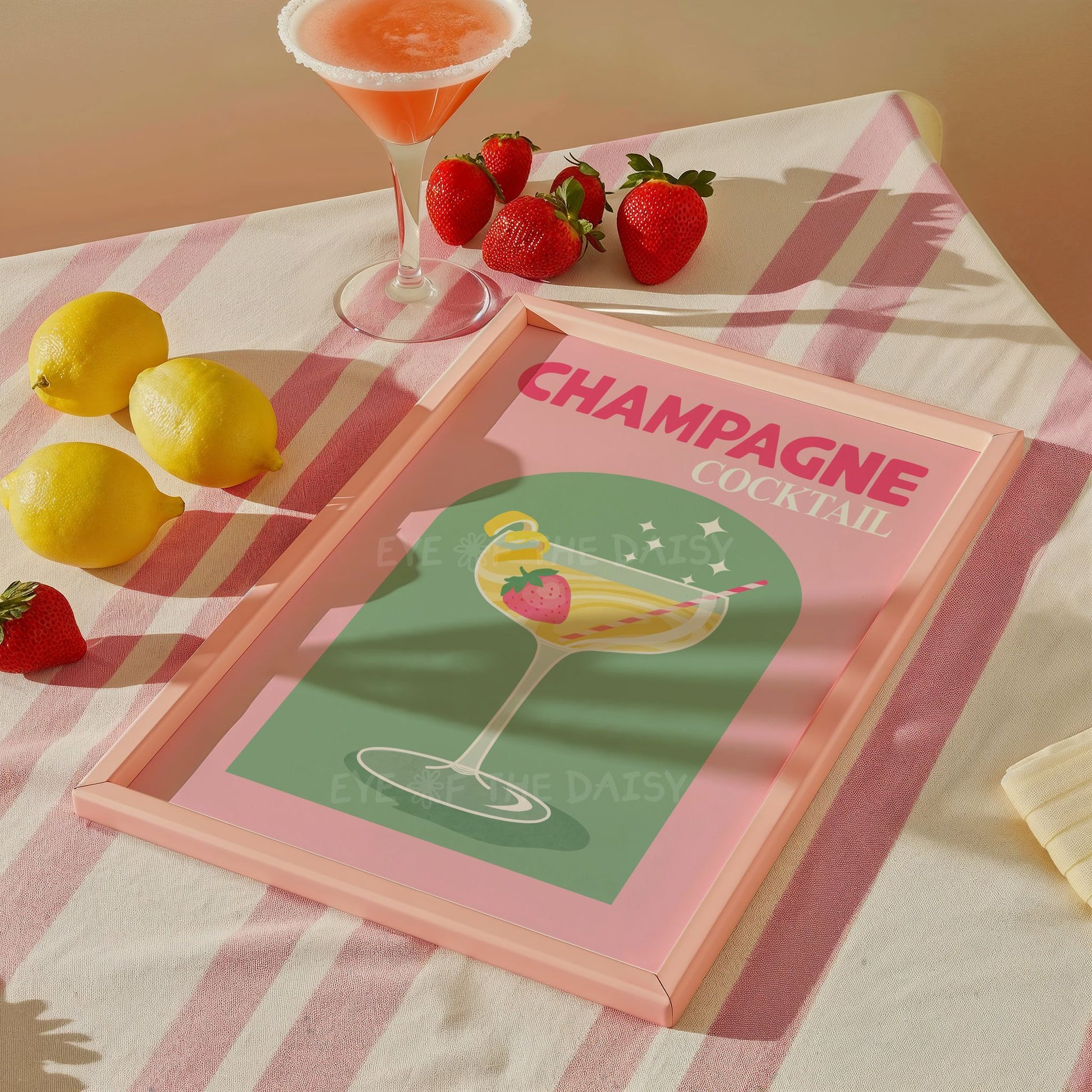 Funky cocktail print – pink green champagne poster printable, downloadable retro wall art for a fun, girly home bar gallery wall