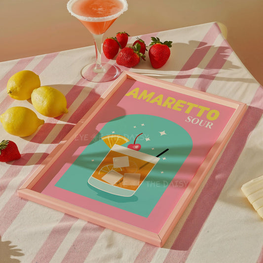 Retro-style Amaretto Sour cocktail poster, pink and turquoise drink print for home bar or bar cart wall decor, instant digital download