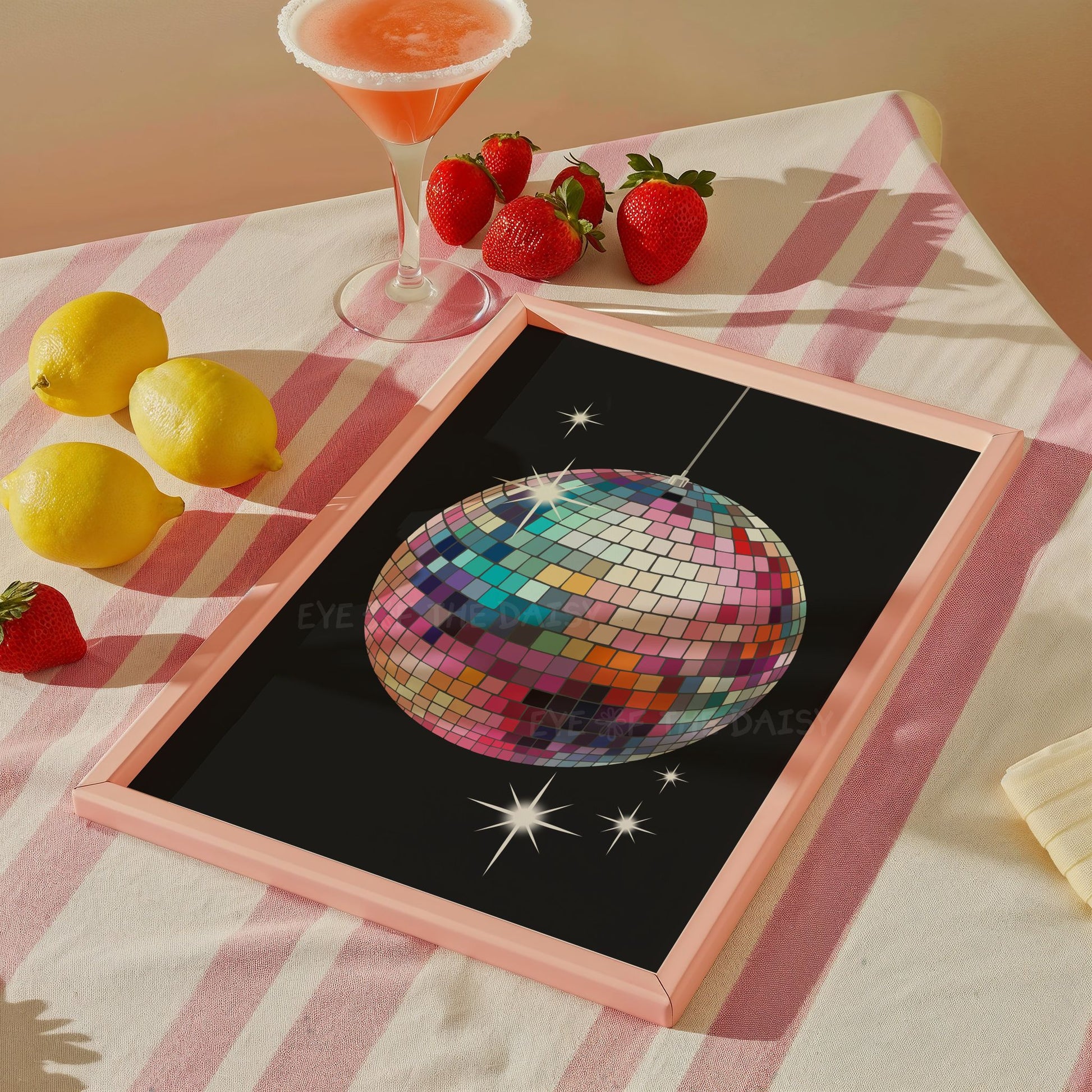 Funky wall print of a multicoloured disco ball on black, makes a great kitchen disco print or dorm room decor