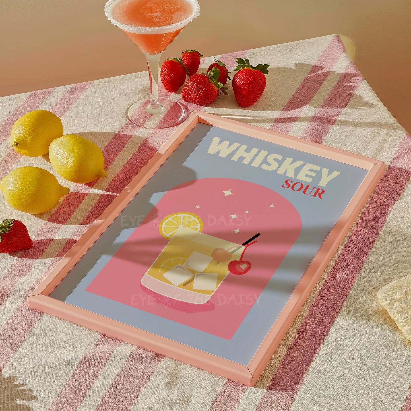 Whiskey Sour cocktail print in pink and blue, modern alcohol poster for bar cart or home bar wall decor, instant digital download