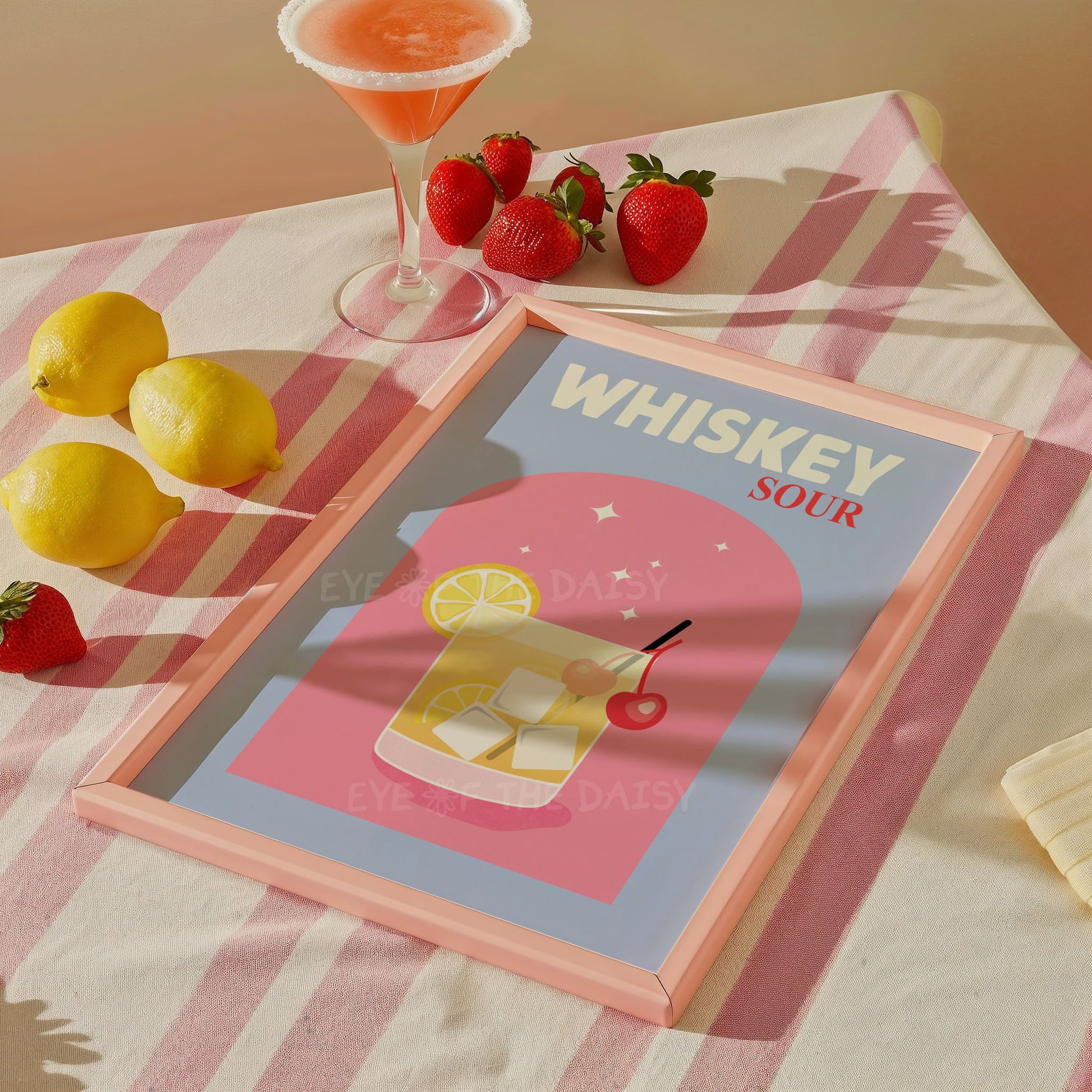Whiskey Sour cocktail print in pink and blue, modern alcohol poster for bar cart or home bar wall decor, instant digital download
