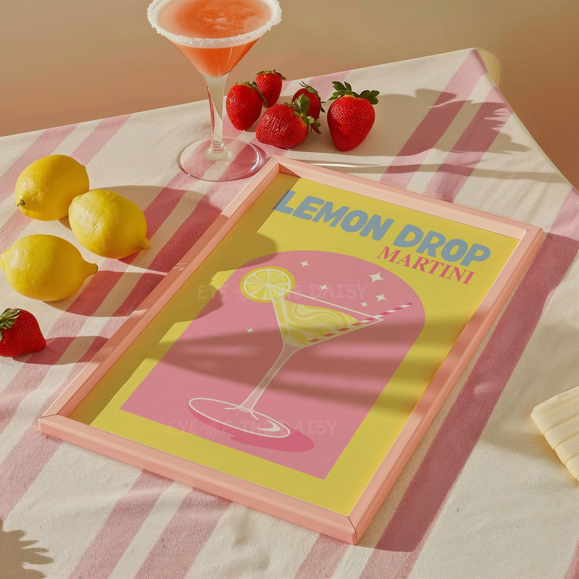 Vibrant Lemon Drop Martini print for modern bar cart decor, retro cocktail poster digital download for stylish home bar wall art