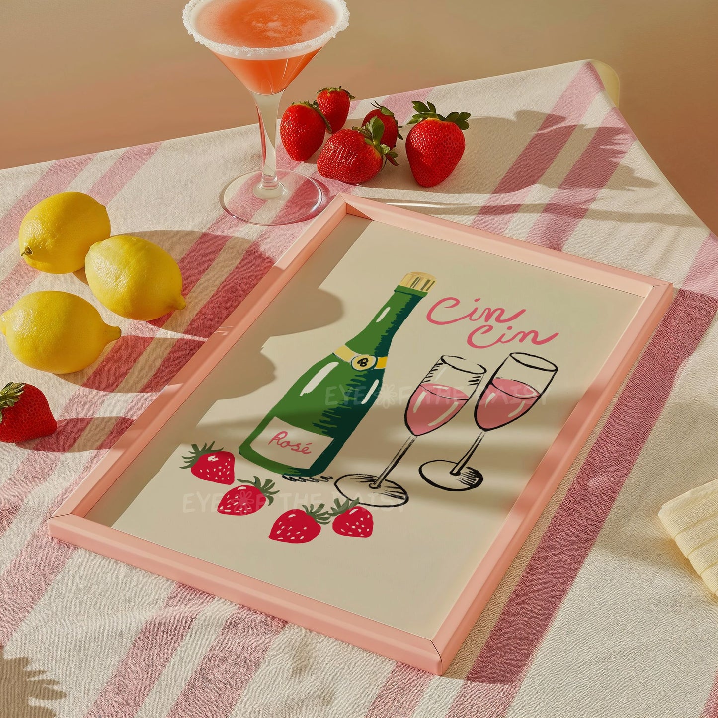 Italian Cin Cin printablew wall art of a trendy colourful hand drawn bottle of Rosé and two champagne glasses, perfect for home bar cart