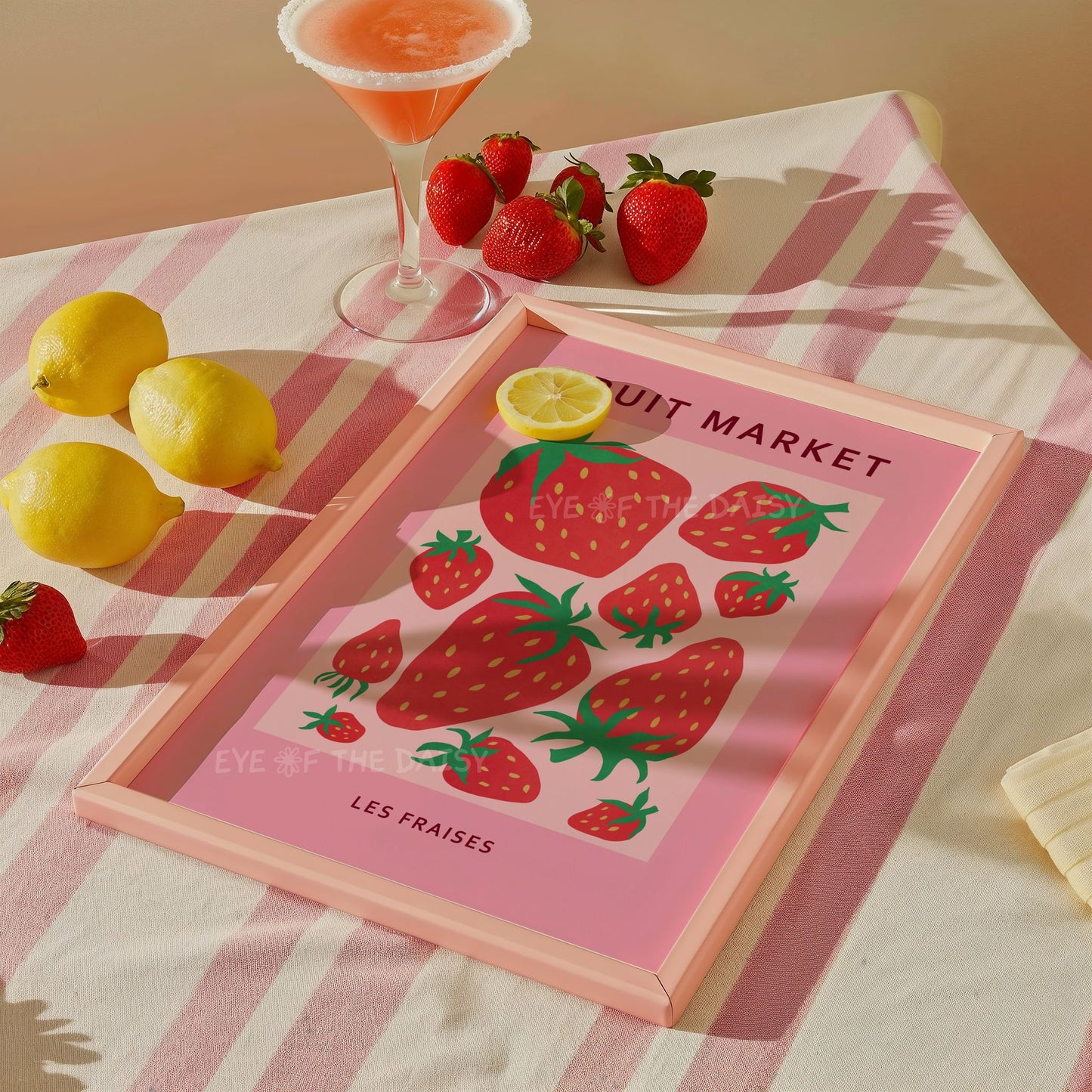 Cute strawberries printable wall art print in pink & red, perfect for contemporary or retro kitchen wall decor