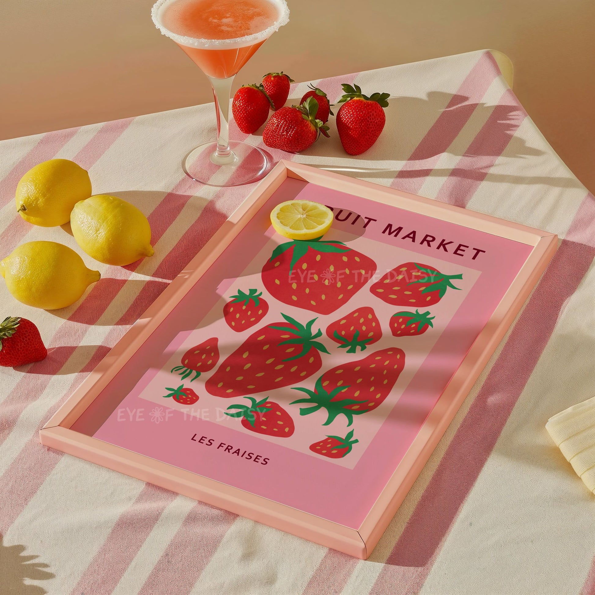 Cute strawberries printable wall art print in pink & red, perfect for contemporary or retro kitchen wall decor