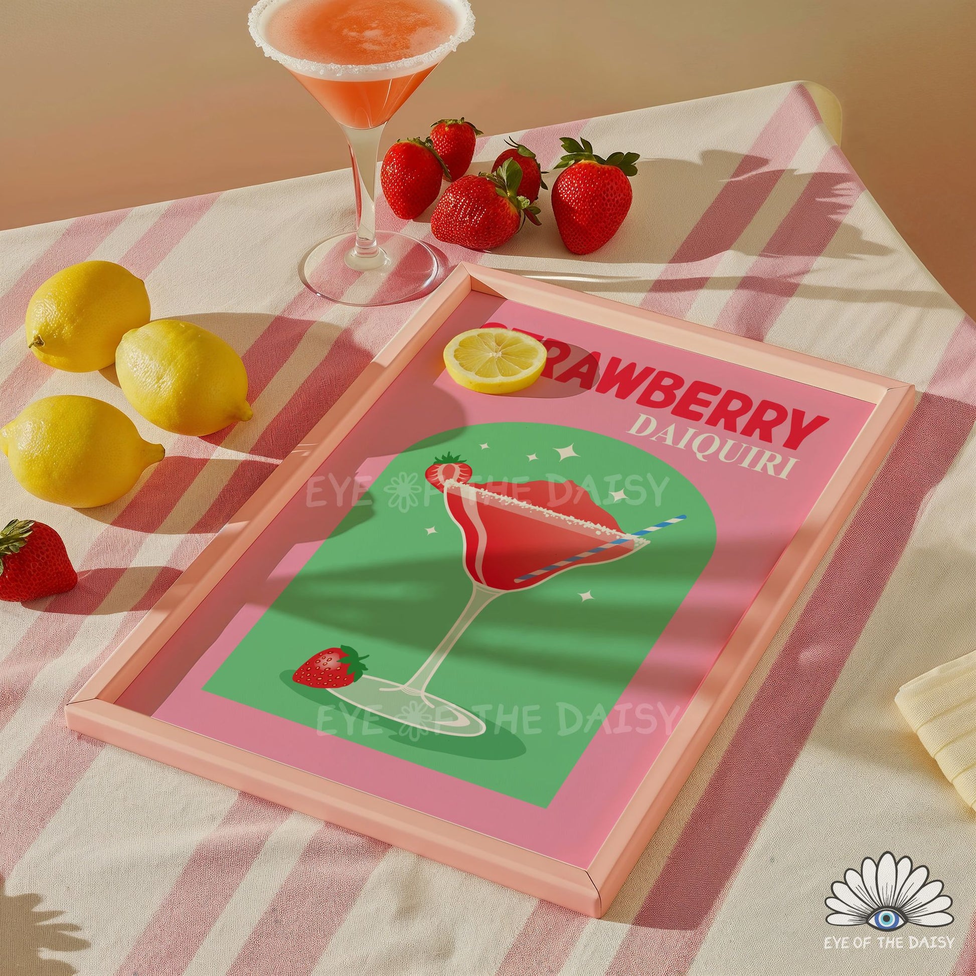 pink retro cocktail wall art Strawberry Daiquiri digital print for home bar sign or kitchen gallery wall