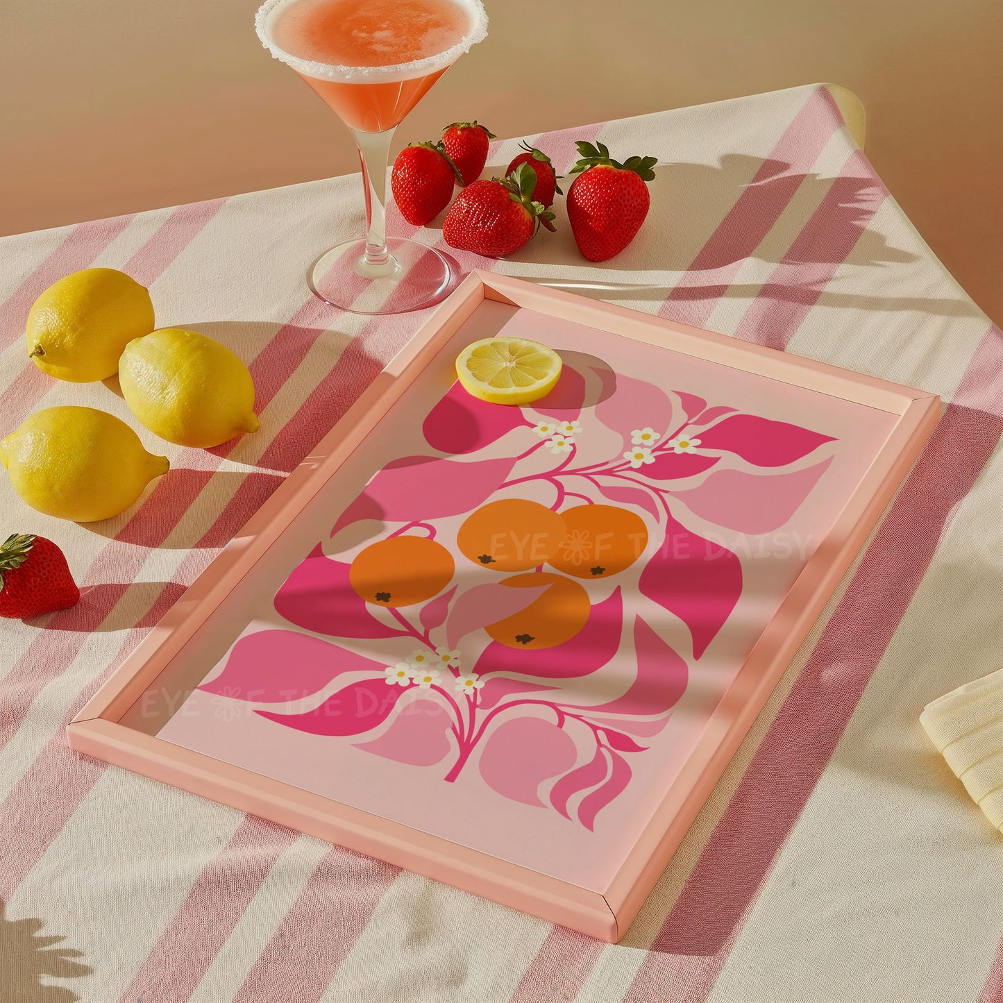 Stylized botanical orange tree printable wall art print, orange fruit & leaves illustration in hot pink and orange