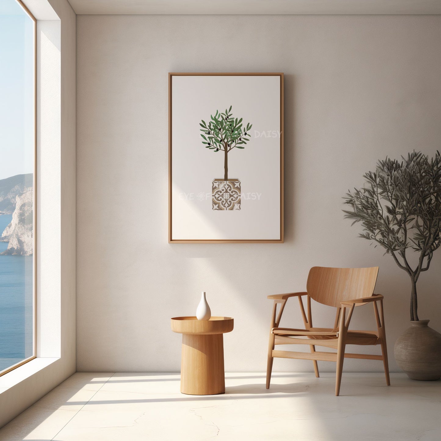 Boho olive tree printable poster in decorative pot – simple botanical downloadable art ideal for vacation or summer rental wall decor