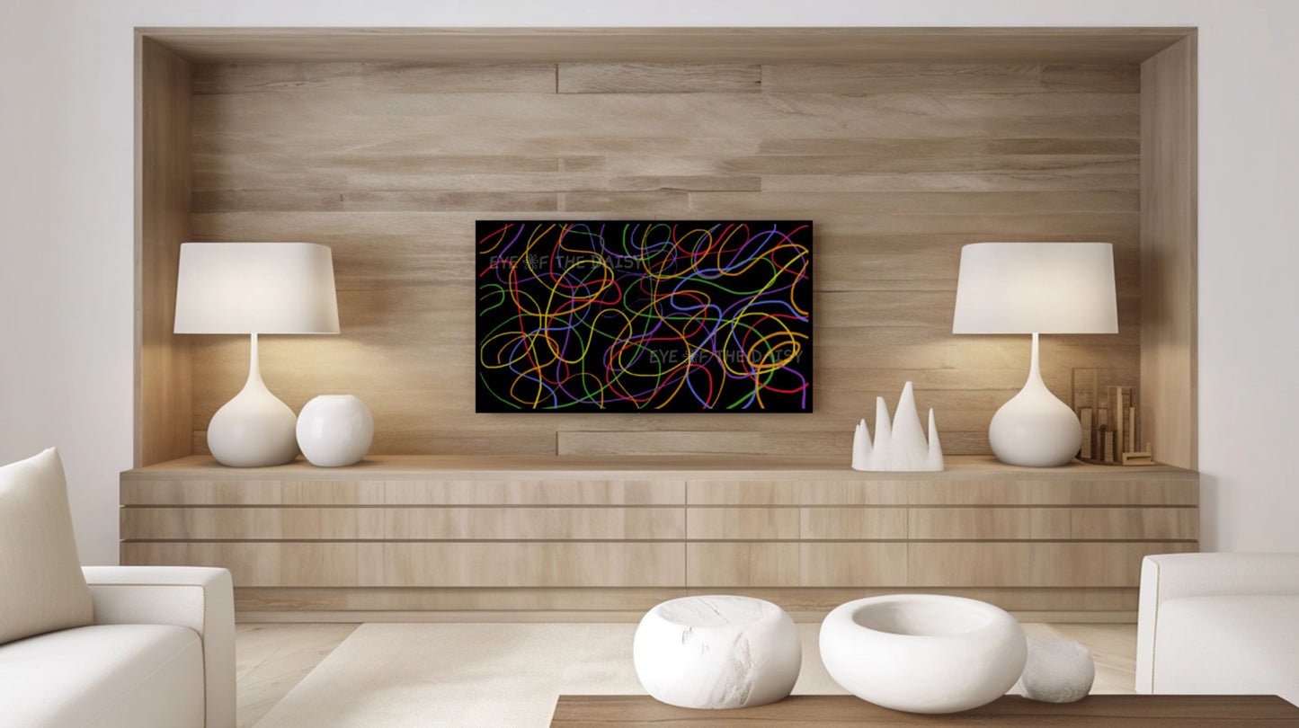 Contemporary Abstract Scribble TV Art 4K | Colourful Black Modern Art for TV Screen